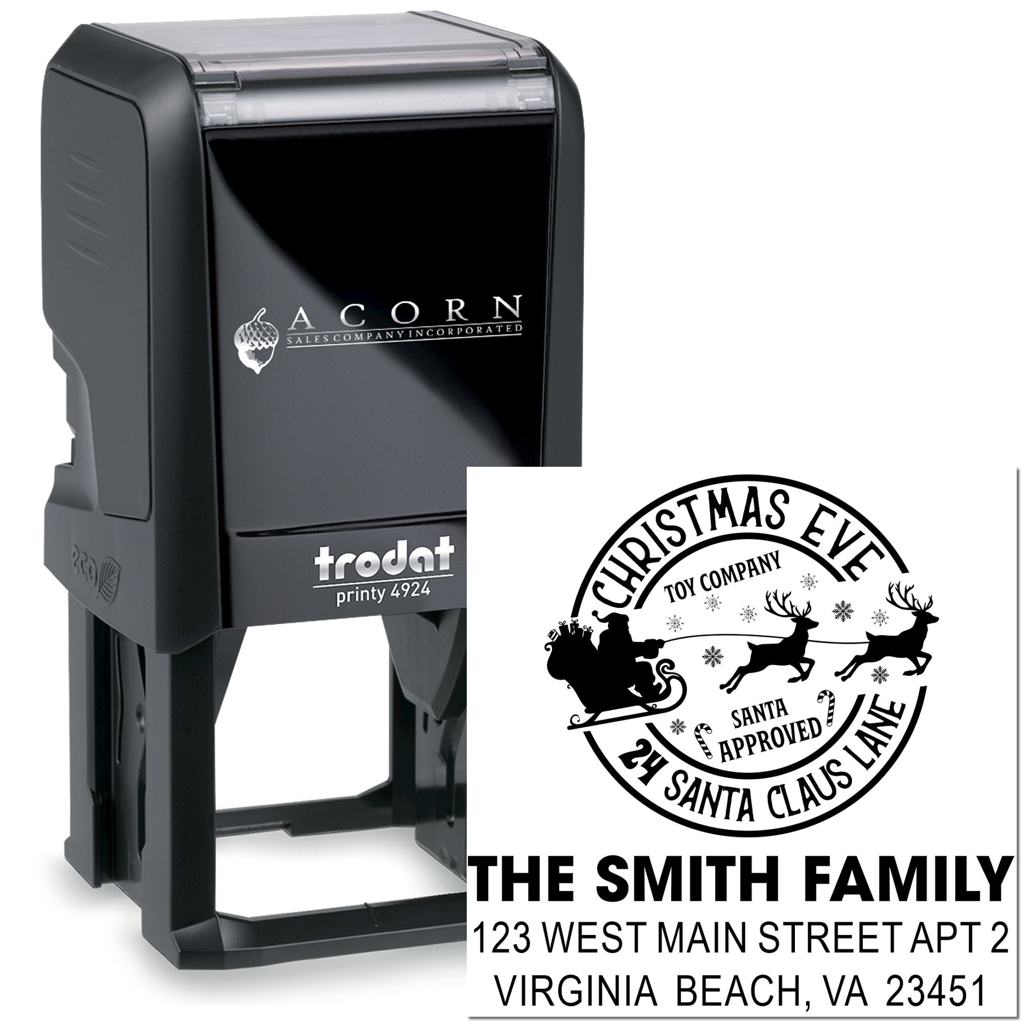 Custom Christmas Eve return address rubber stamp, self-inking, for holiday cards and festive family mailings.