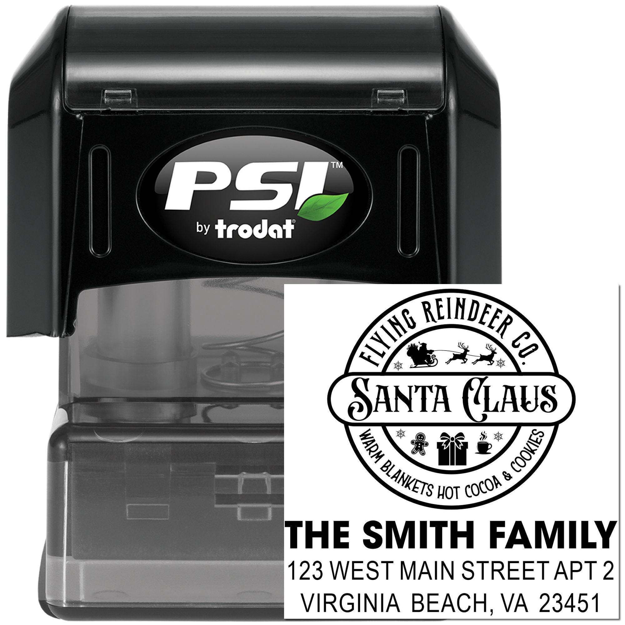 PSI by Trodat custom rubber stamp with Santa Claus family address design for holiday mailing and personalized return labels.