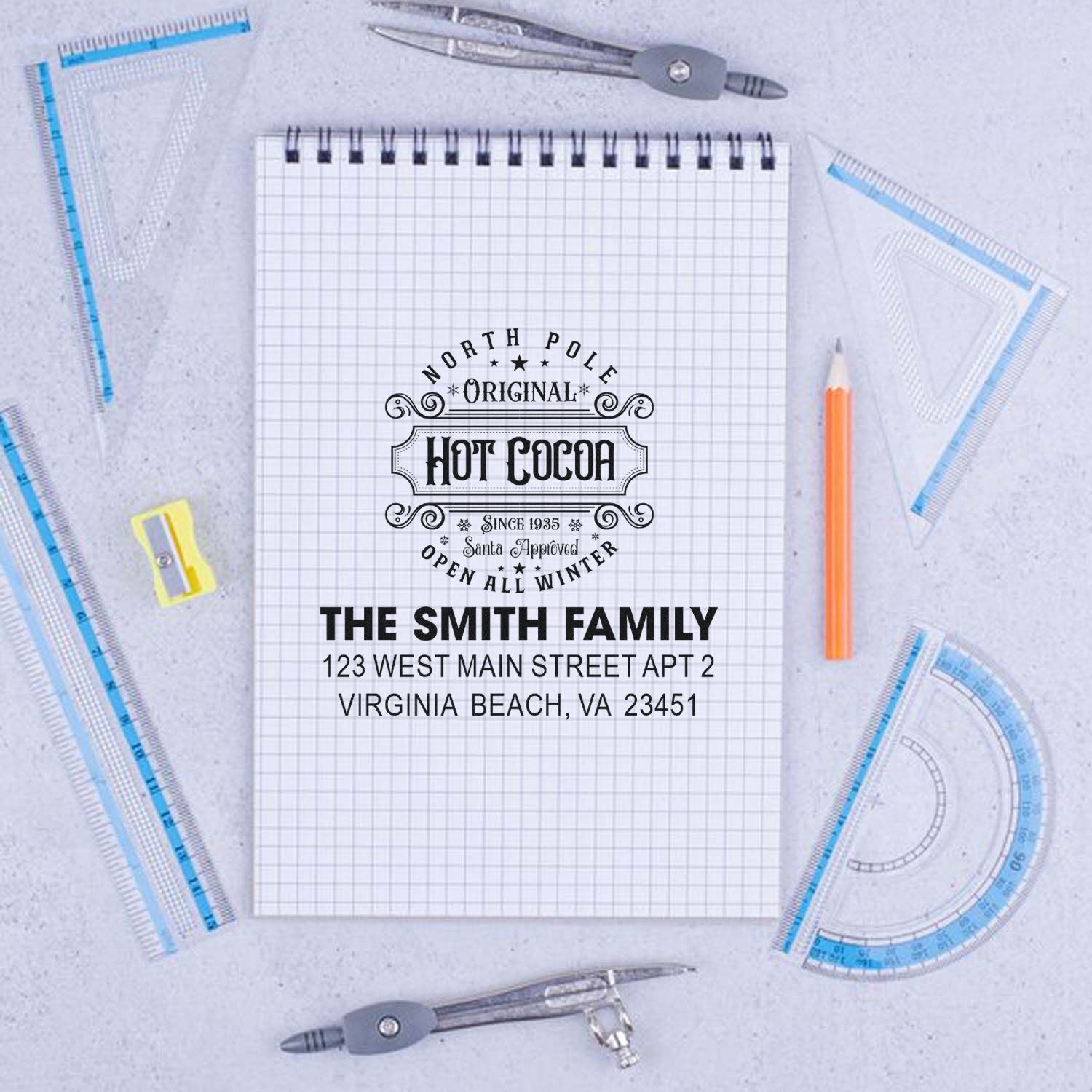 Custom rubber address stamp with Hot Cocoa holiday design for The Smith Family, Virginia Beach, VA return mailing labels.