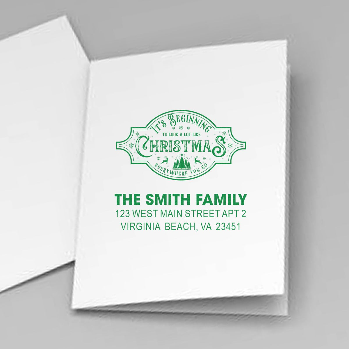 Personalized Christmas rubber stamp with The Smith Family return address for festive holiday cards.