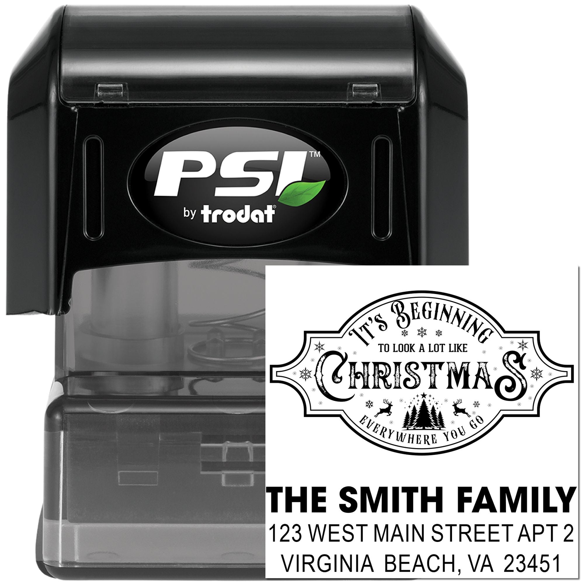 PSI by Trodat self-inking rubber stamp with custom Christmas return address design for personalized holiday mailing.