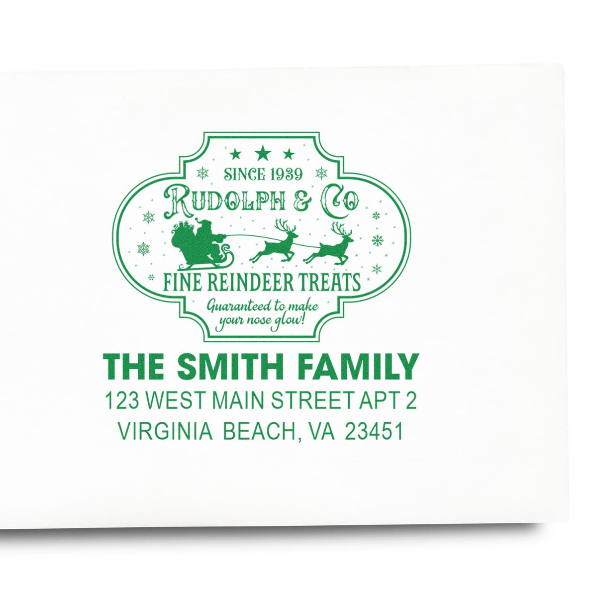 Custom holiday return address rubber stamp for The Smith Family, with festive Santa reindeer design and Virginia Beach address.