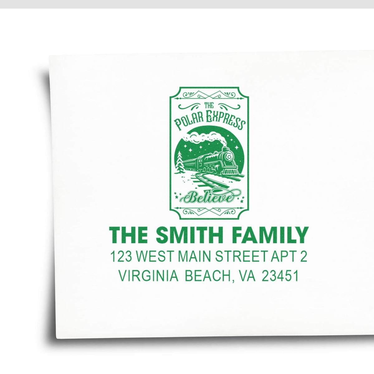 Custom holiday return address rubber stamp with Polar Express train design for The Smith Family, Virginia Beach.