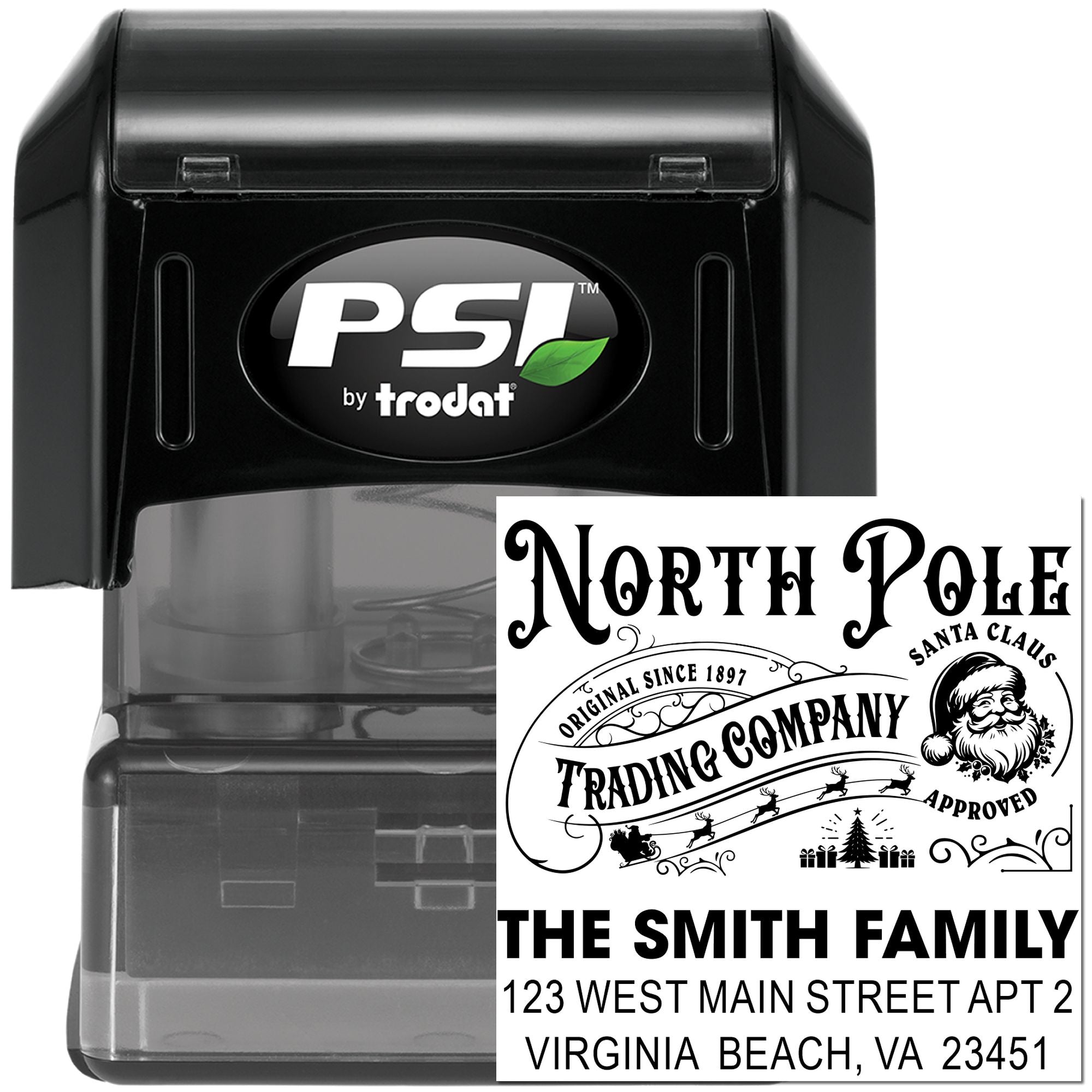 Personalized self-inking rubber stamp with North Pole holiday return address design, PSI by Trodat for family mail.