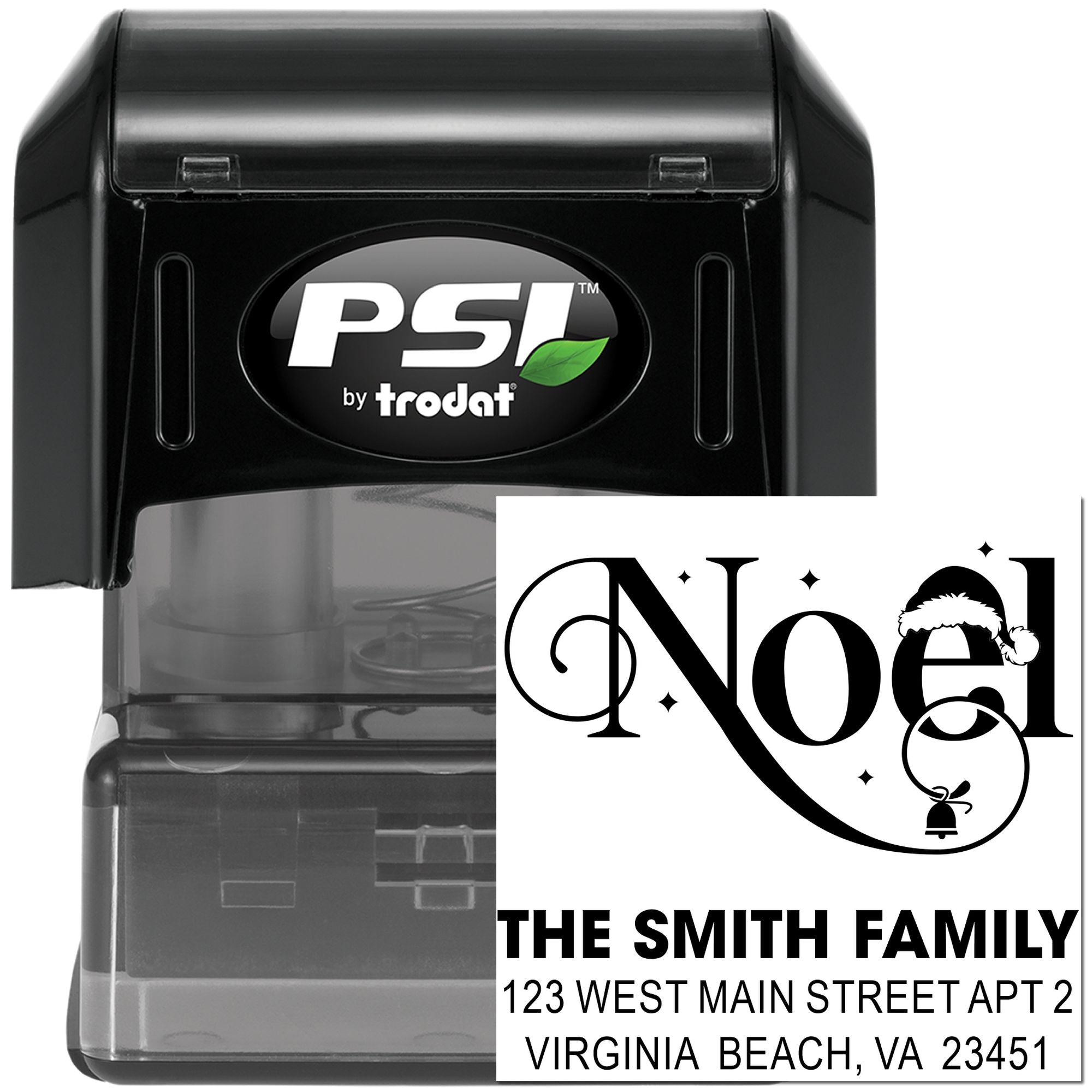 Custom Noel return address rubber stamp by PSI/Trodat for The Smith Family, with festive holiday design and mailing address.