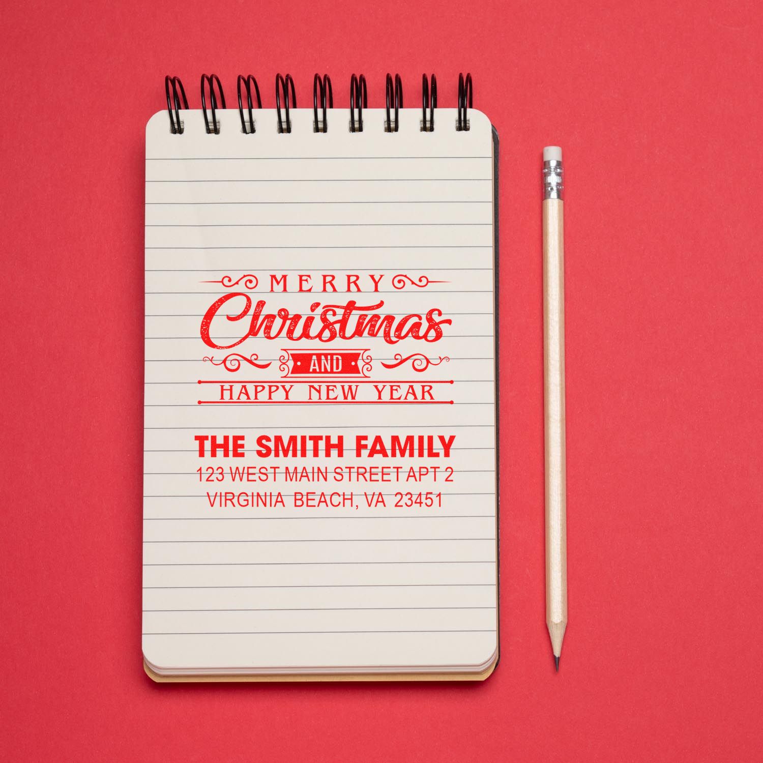 Personalized Merry Christmas and Happy New Year rubber stamp with family address for holiday cards and envelopes.