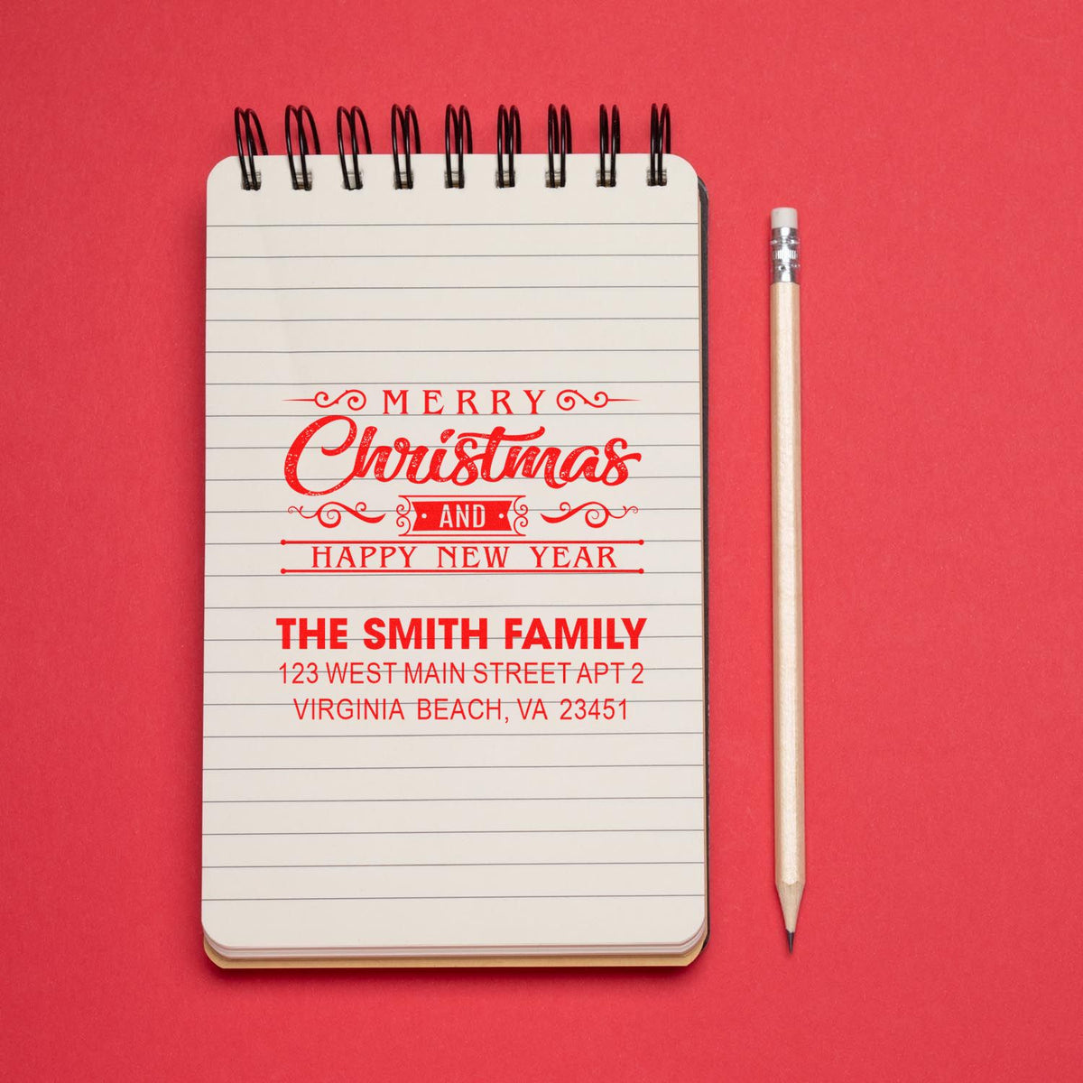 Custom Christmas address rubber stamp with Merry Christmas and Happy New Year for The Smith Family.