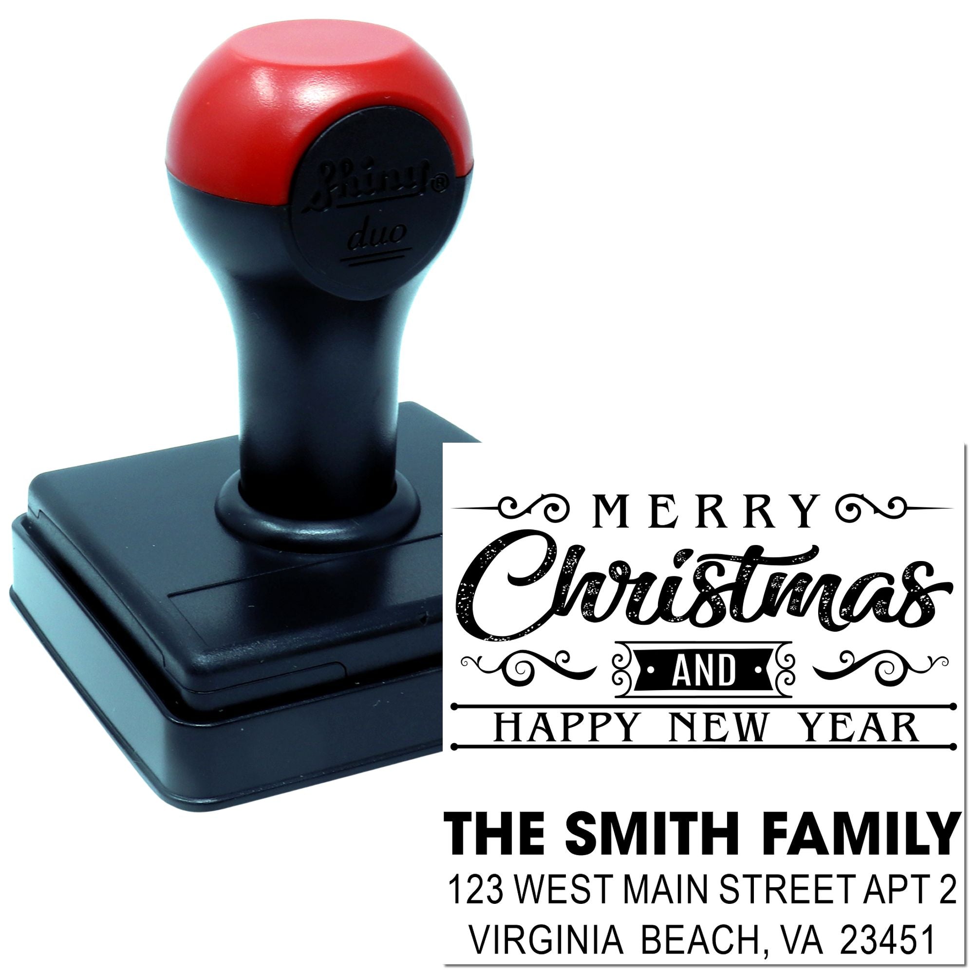 Custom self-inking rubber stamp for holiday return address labels, featuring Merry Christmas and Happy New Year family design.