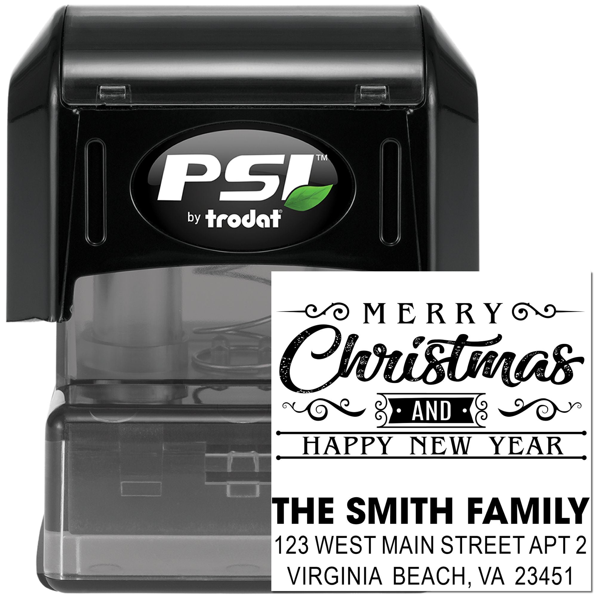 PSI by Trodat self-inking rubber stamp with custom holiday and return address imprint examples for personalized stamping.