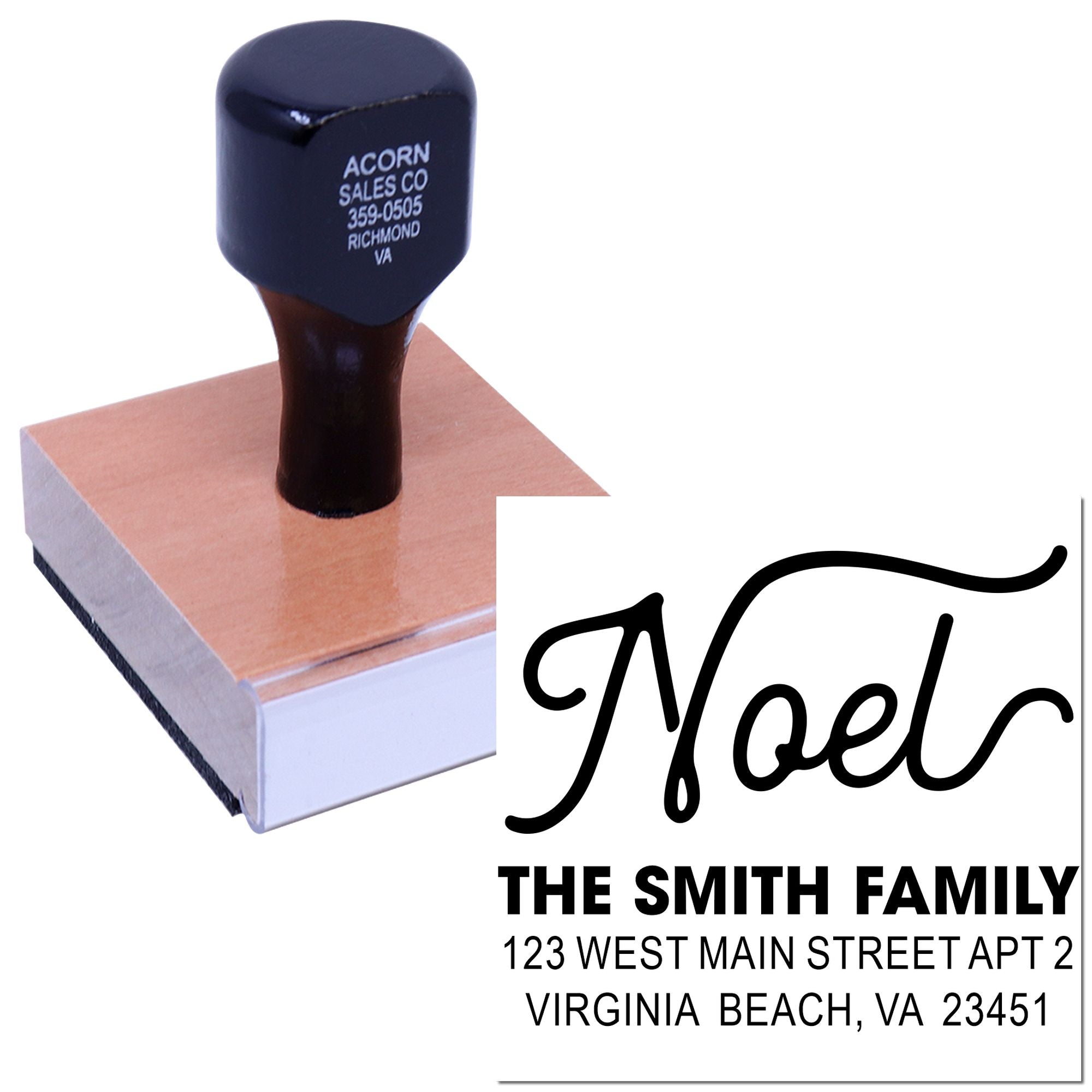 Custom address rubber stamp for personalized mailings, featuring family name and return address imprint for envelopes and labels.