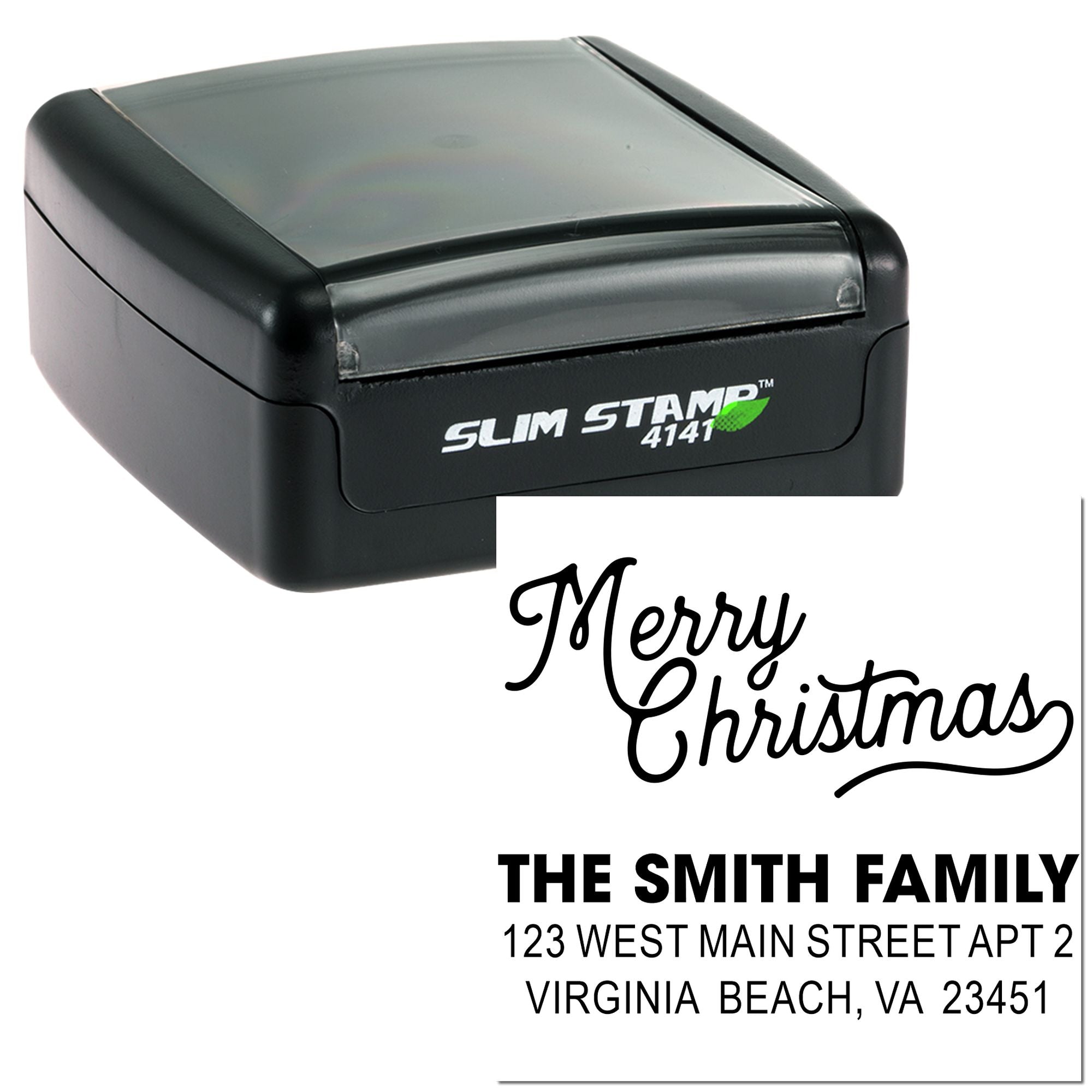 Custom Slim Stamp 4141 rubber address stamp with Merry Christmas design for family return mailing labels.