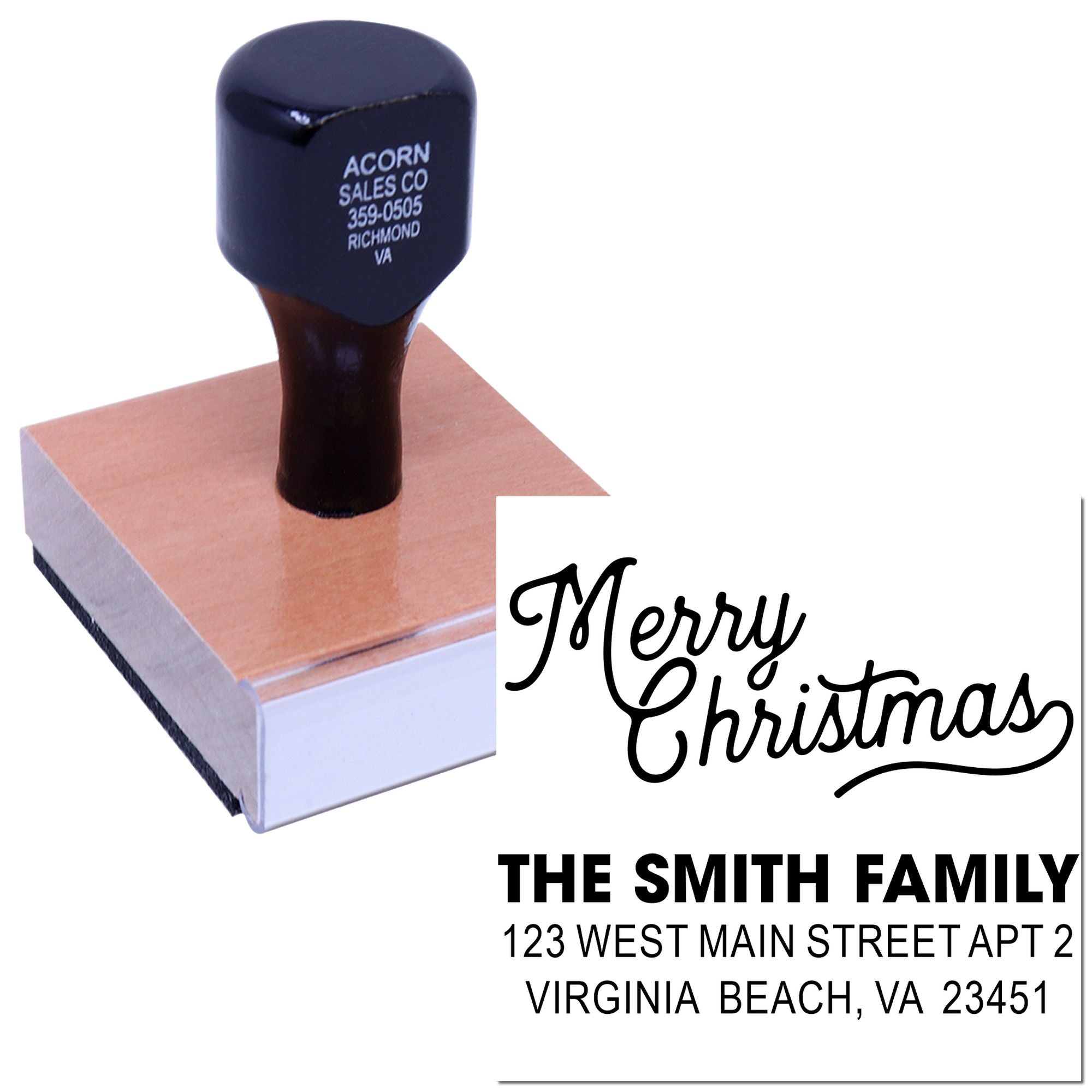 Custom Merry Christmas return address rubber stamp for holiday cards, featuring family name and mailing address.
