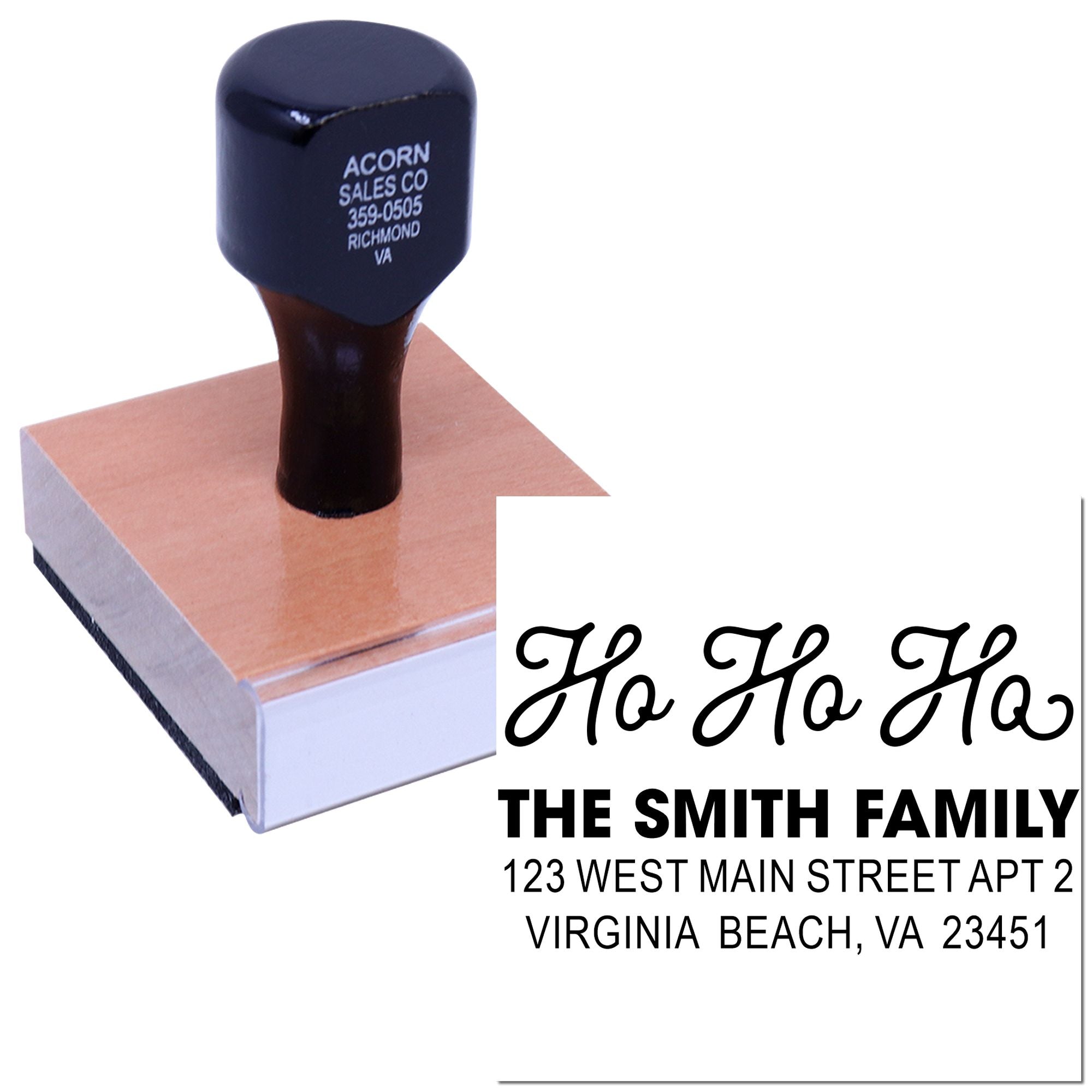 Self-inking custom return address rubber stamp for holiday cards with Ho Ho Ho and The Smith Family address.