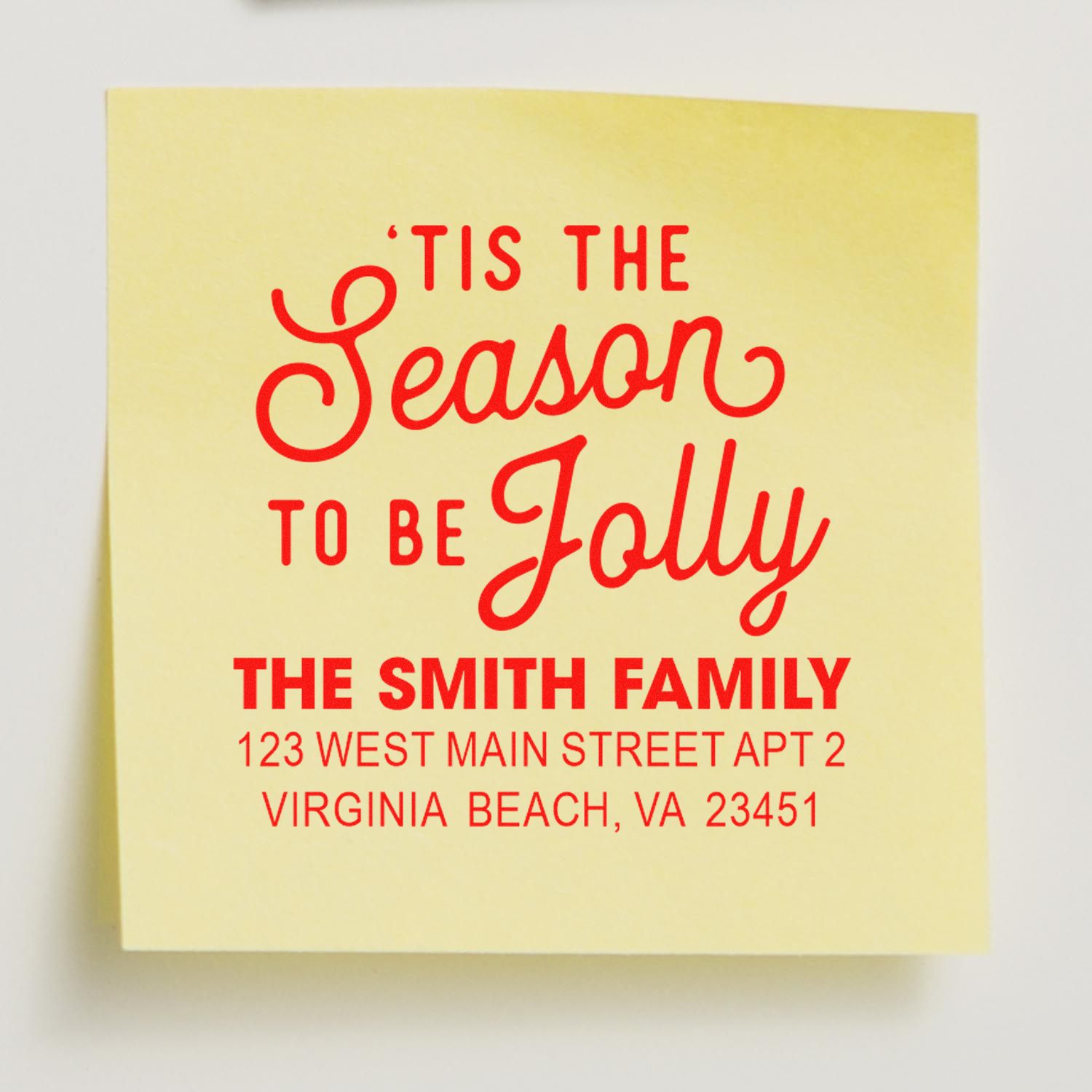 Custom Christmas address rubber stamp featuring Tis the Season to Be Jolly for The Smith Family, Virginia Beach, VA.