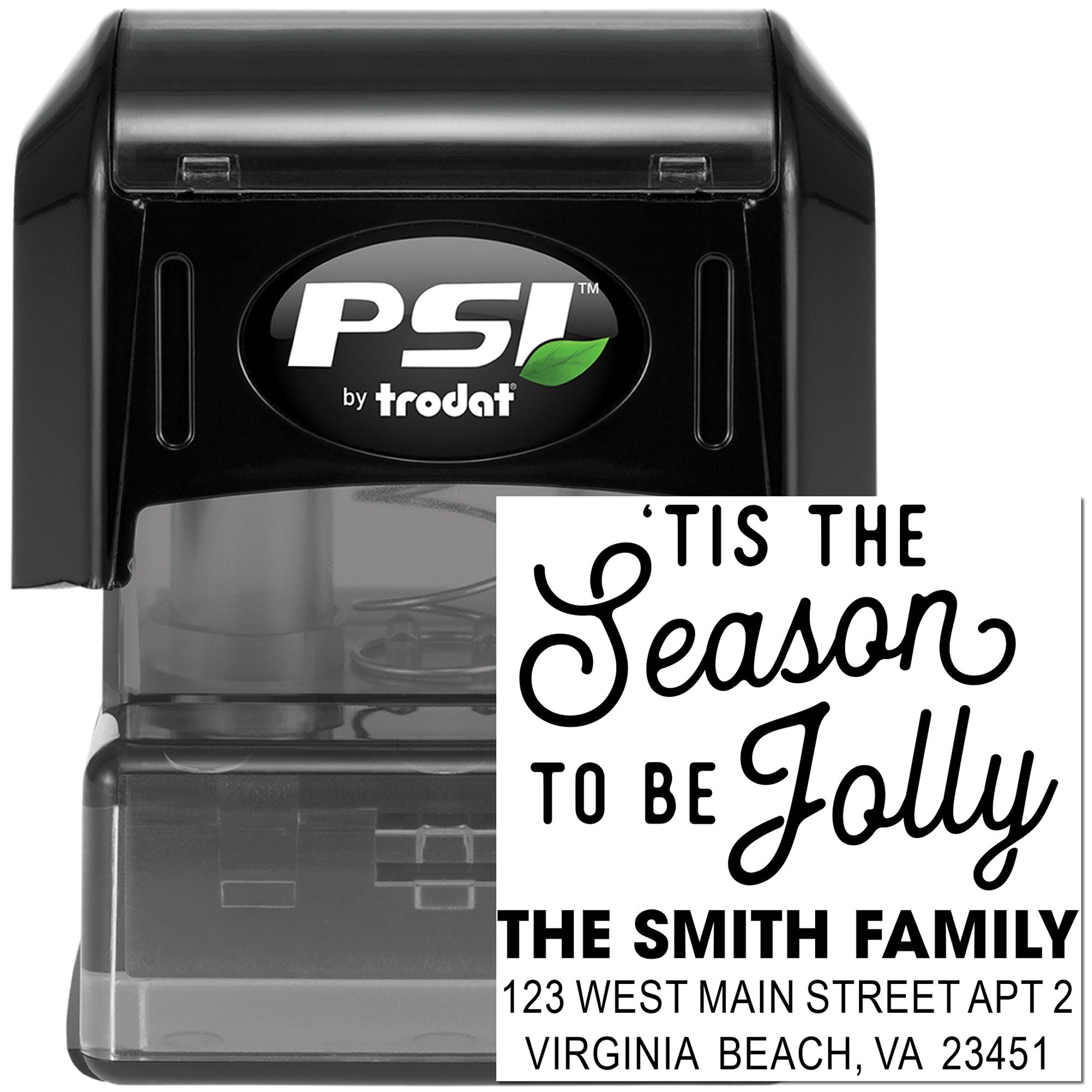 Holiday return address self-inking rubber stamp with Tis the Season to Be Jolly design for the Smith family.