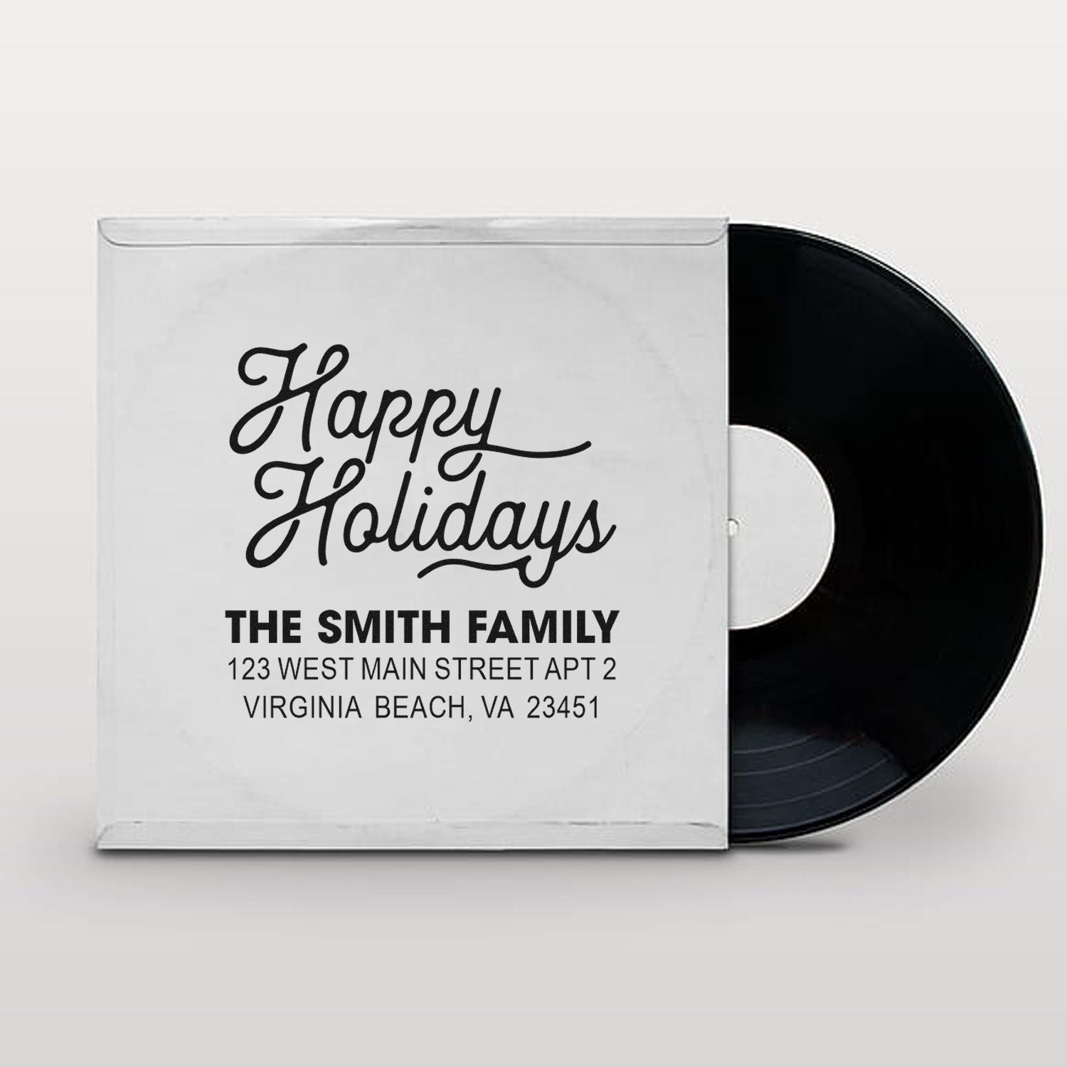 Custom holiday address rubber stamp design with Happy Holidays and Smith family name for mailing cards and envelopes.