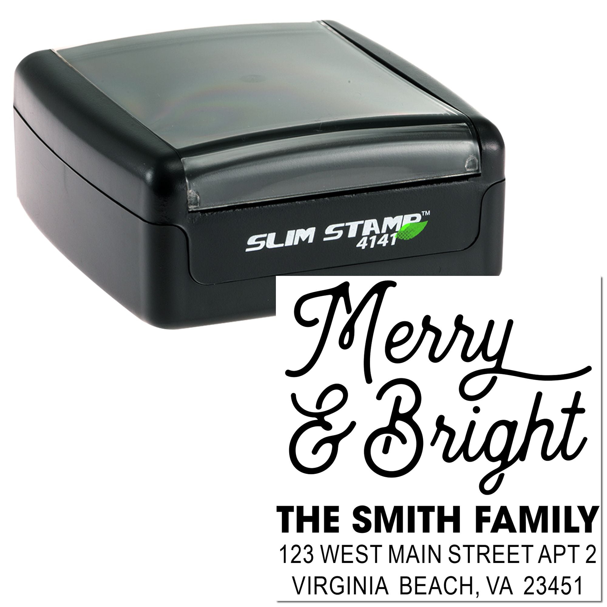 Custom self-inking rubber stamp with Merry & Bright holiday return address imprint