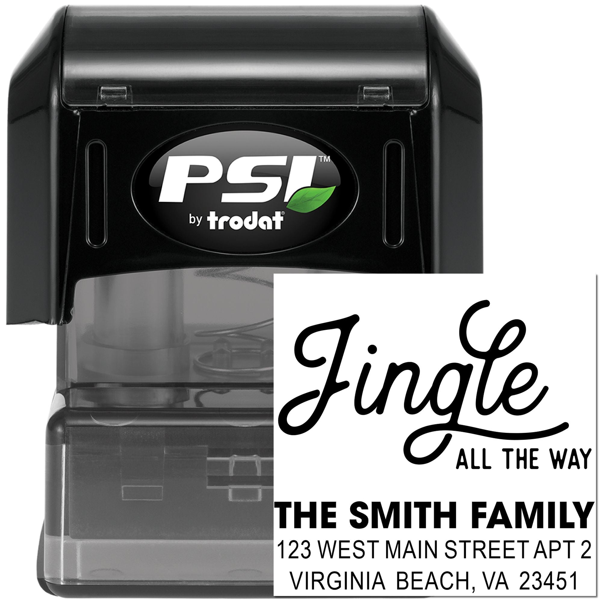 PSI by Trodat custom return address rubber stamp with Jingle all the Way holiday design for The Smith Family.
