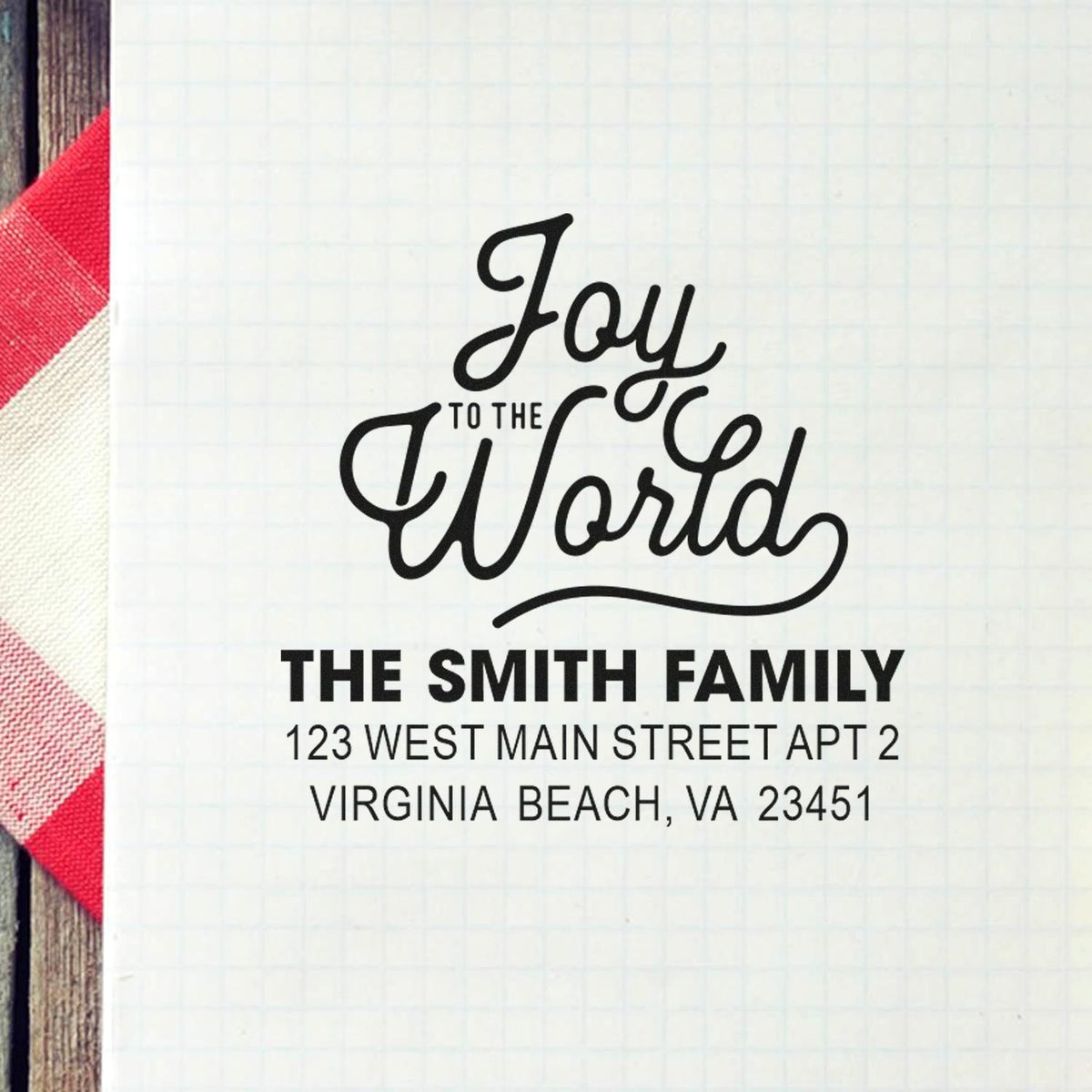 Joy to the World personalized address rubber stamp with The Smith Family, ideal for holiday cards and mailings.