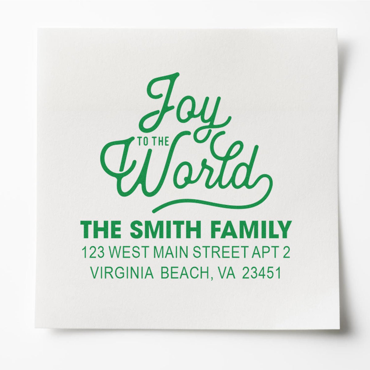 Custom holiday return address rubber stamp with Joy to the World and The Smith Family, Virginia Beach, VA.