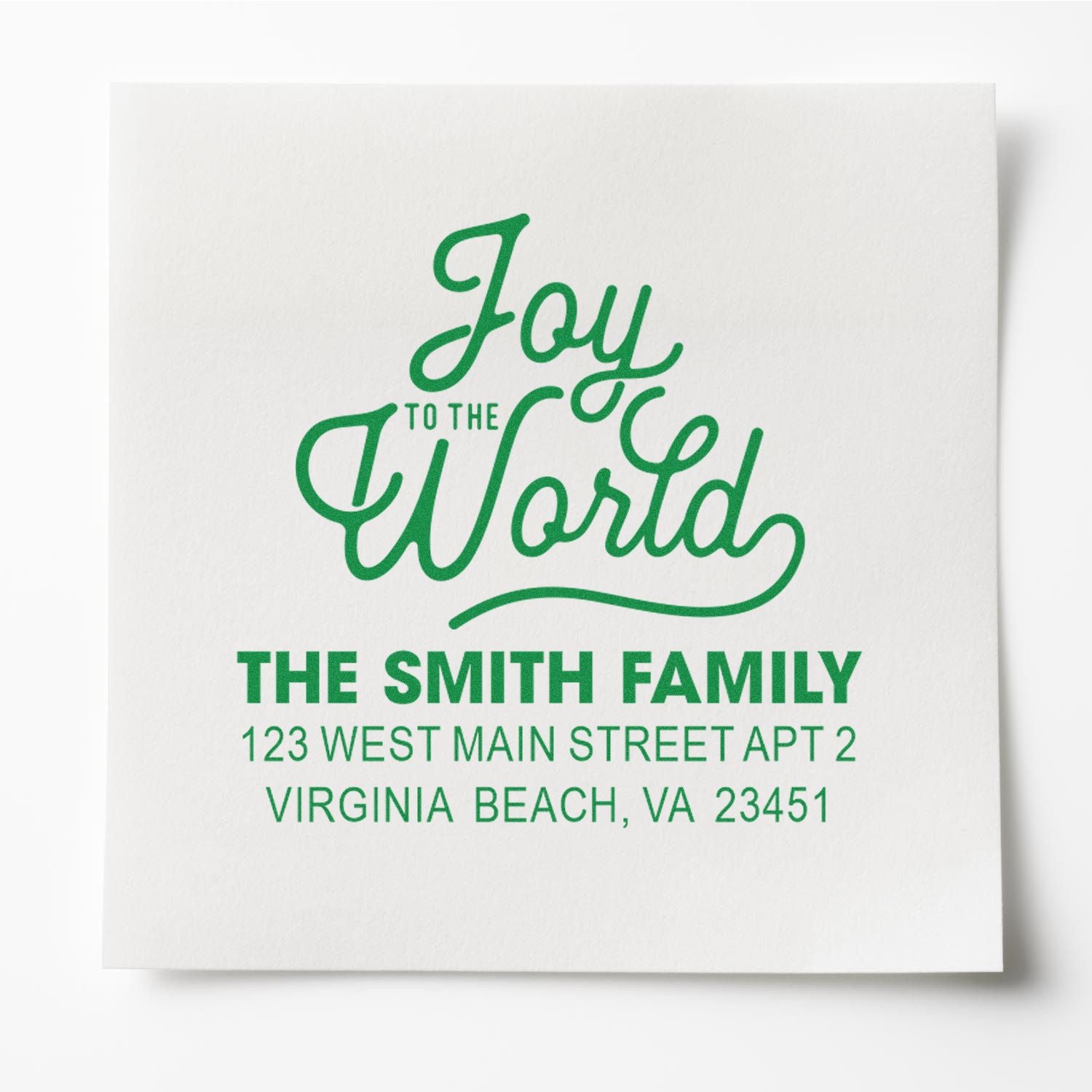Custom holiday return address rubber stamp with Joy to the World, The Smith Family, and Virginia Beach, VA address