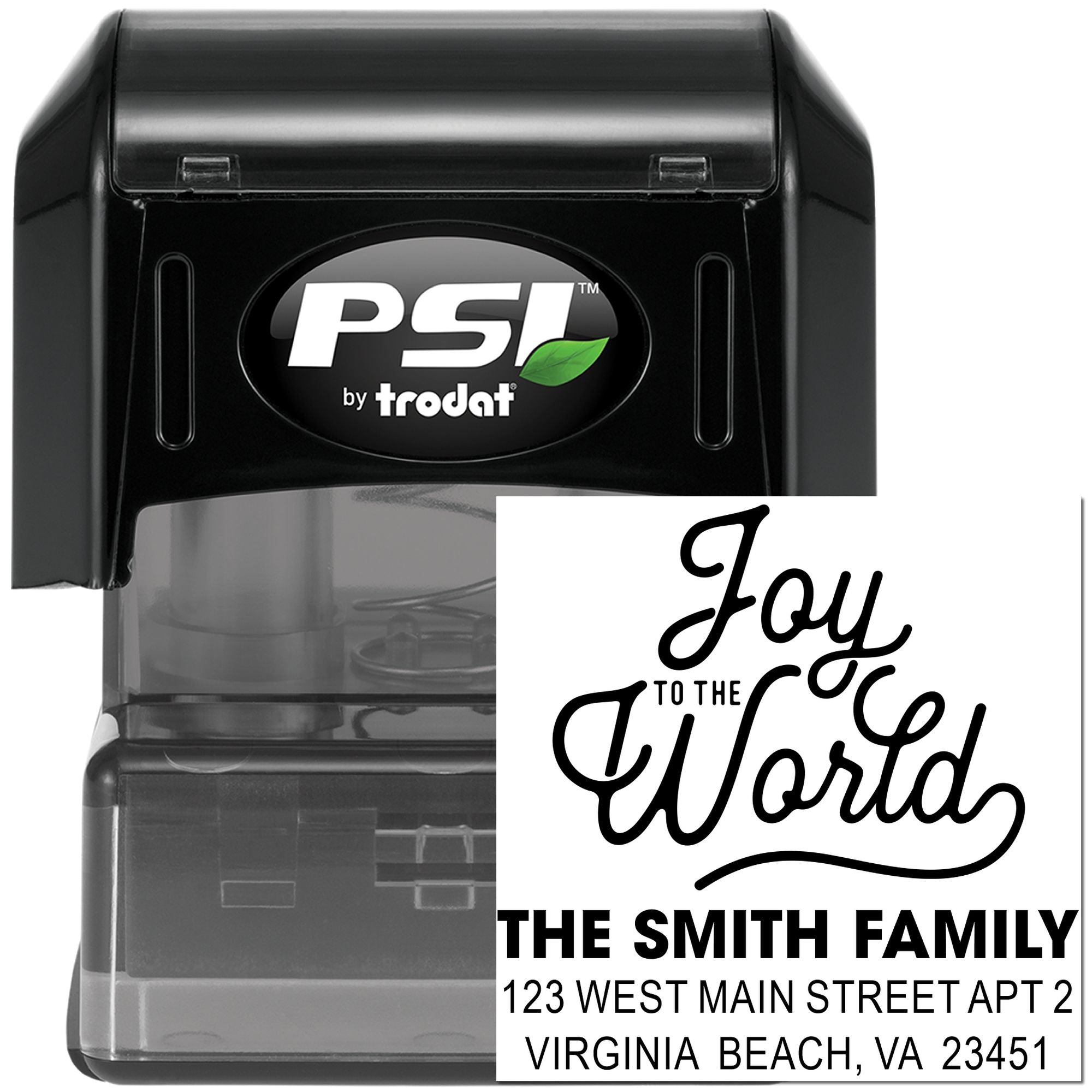 Custom holiday address rubber stamp by PSI Trodat with Joy to the World design for personalized family mailings.
