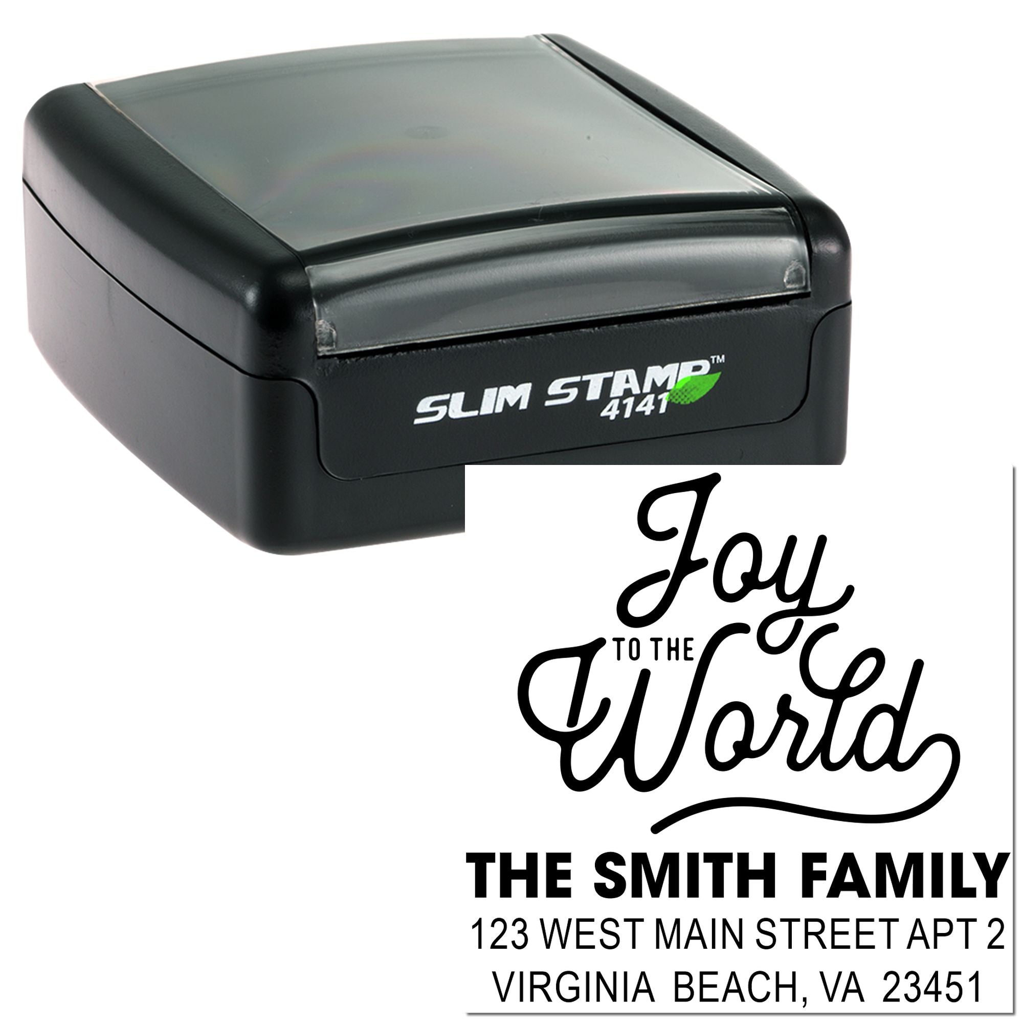 Custom self-inking return address rubber stamp with Joy to the World design for The Smith Family, Virginia Beach.