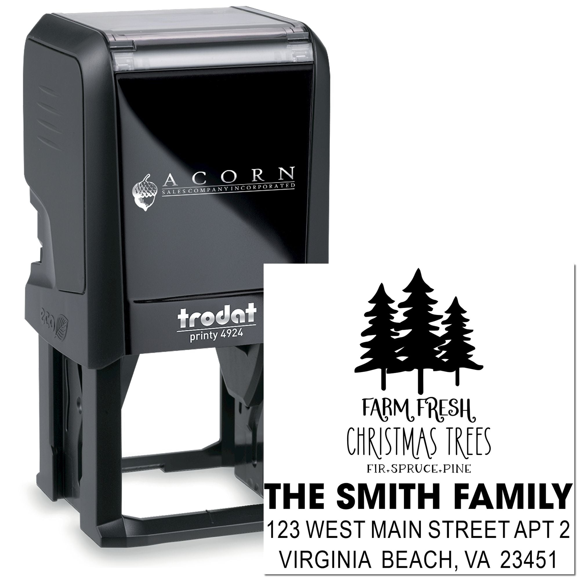 Custom self-inking rubber address stamp with Farm Fresh Christmas Trees design for The Smith Family holiday mailing.