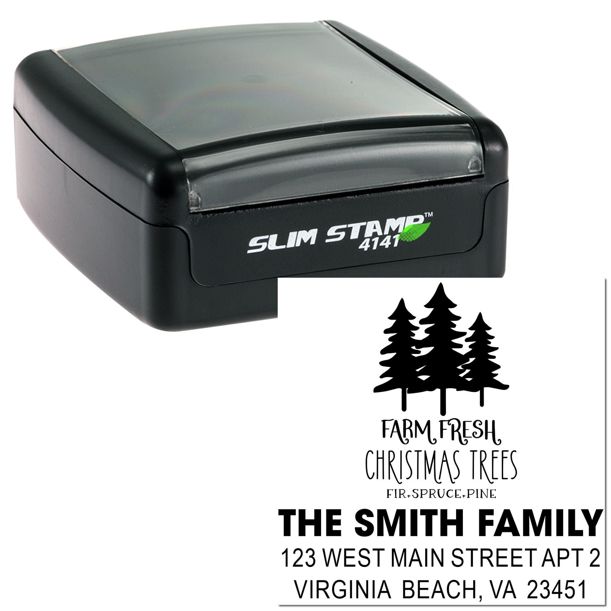 Slim Stamp self-inking rubber stamp with custom Christmas tree return address design for holiday mailings