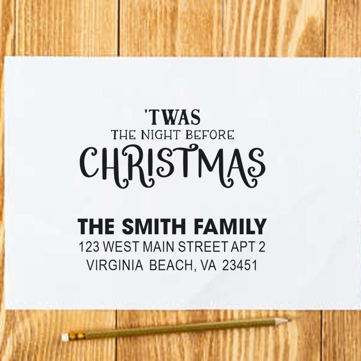 Personalized Christmas address rubber stamp with Twas the Night Before Christmas design for holiday mailings.
