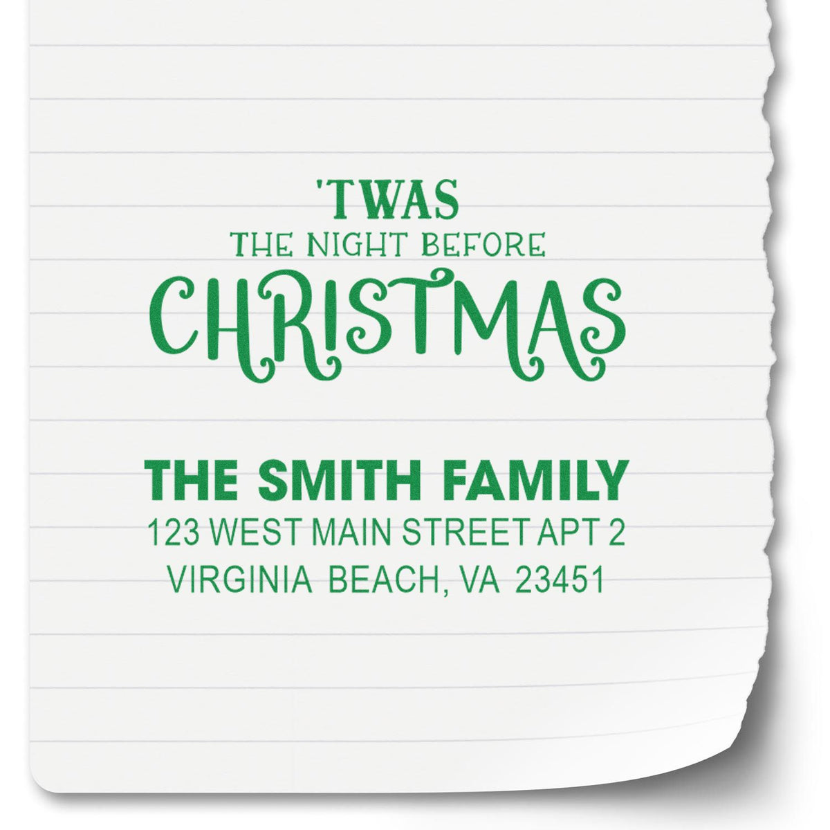 Personalized Christmas return address rubber stamp with Twas the Night Before Christmas and Smith family address.