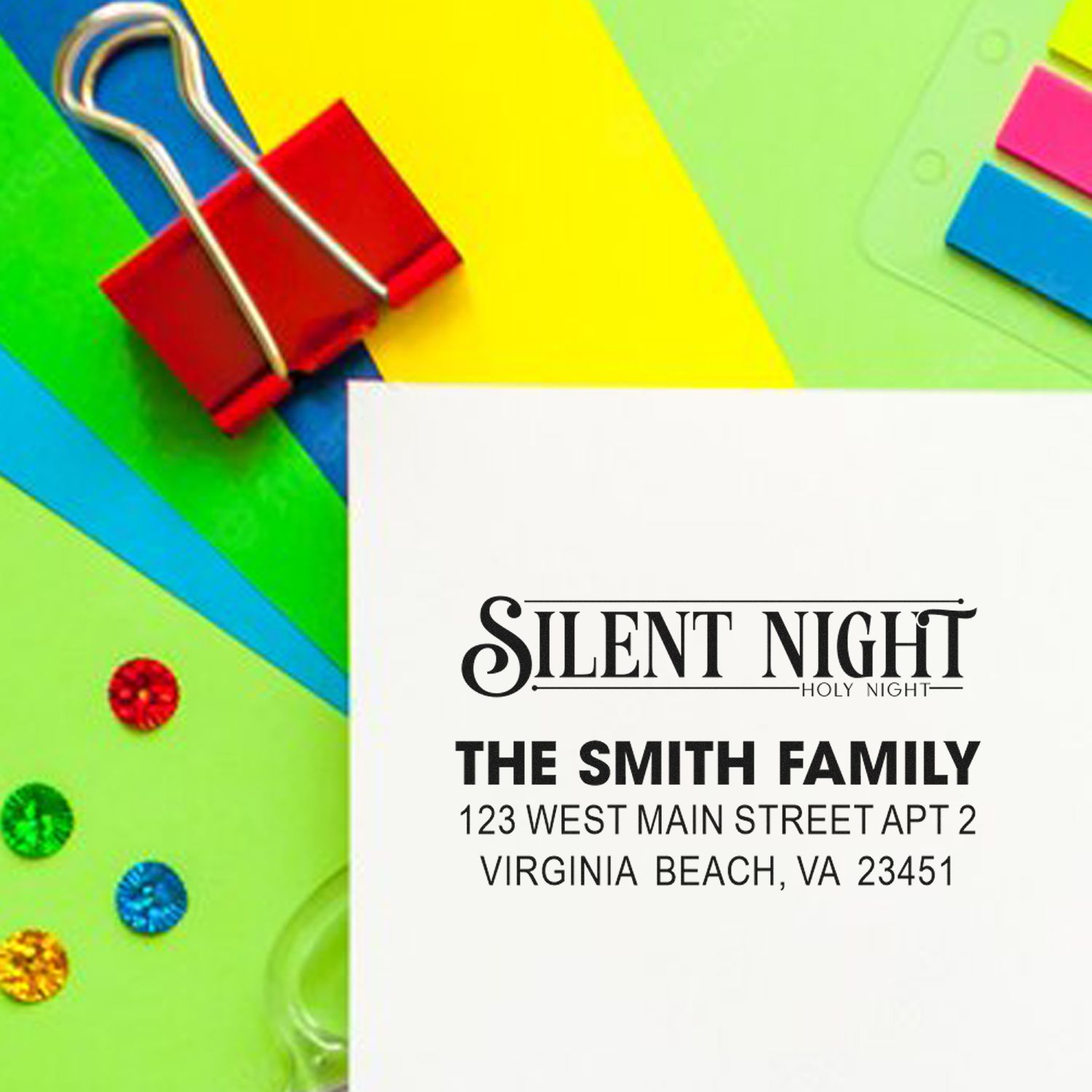 Custom holiday rubber stamp for return address cards, featuring Silent Night and The Smith Family personalization.
