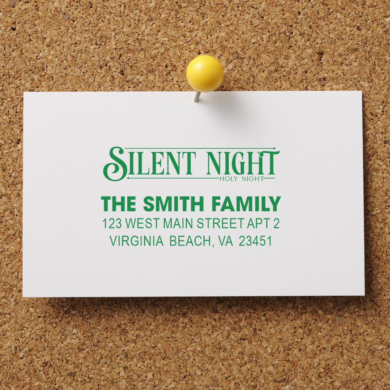Custom Silent Night return address rubber stamp for The Smith Family holiday cards