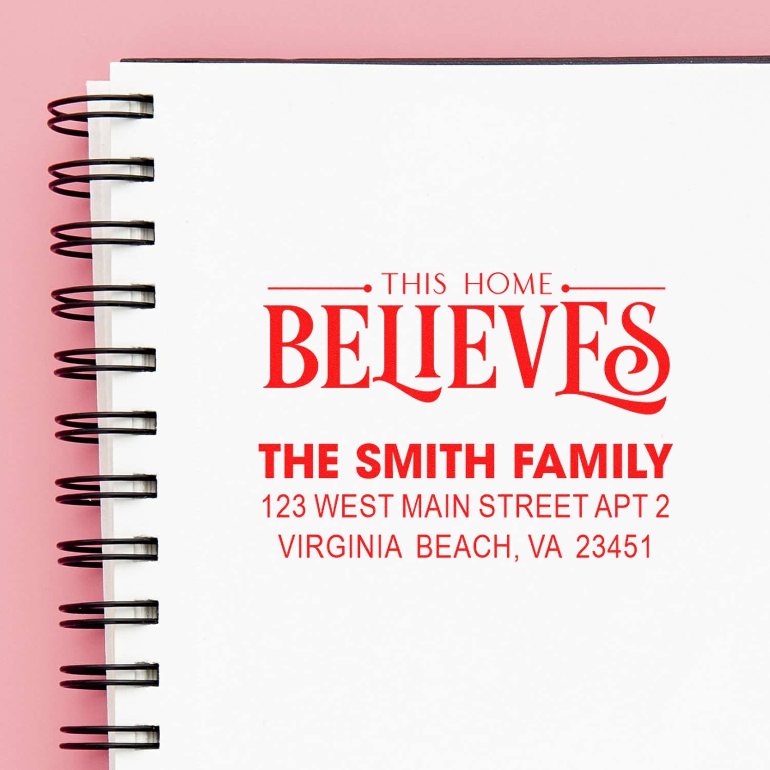 Personalized address rubber stamp design reading This Home Believes for The Smith Family, Virginia Beach, VA.