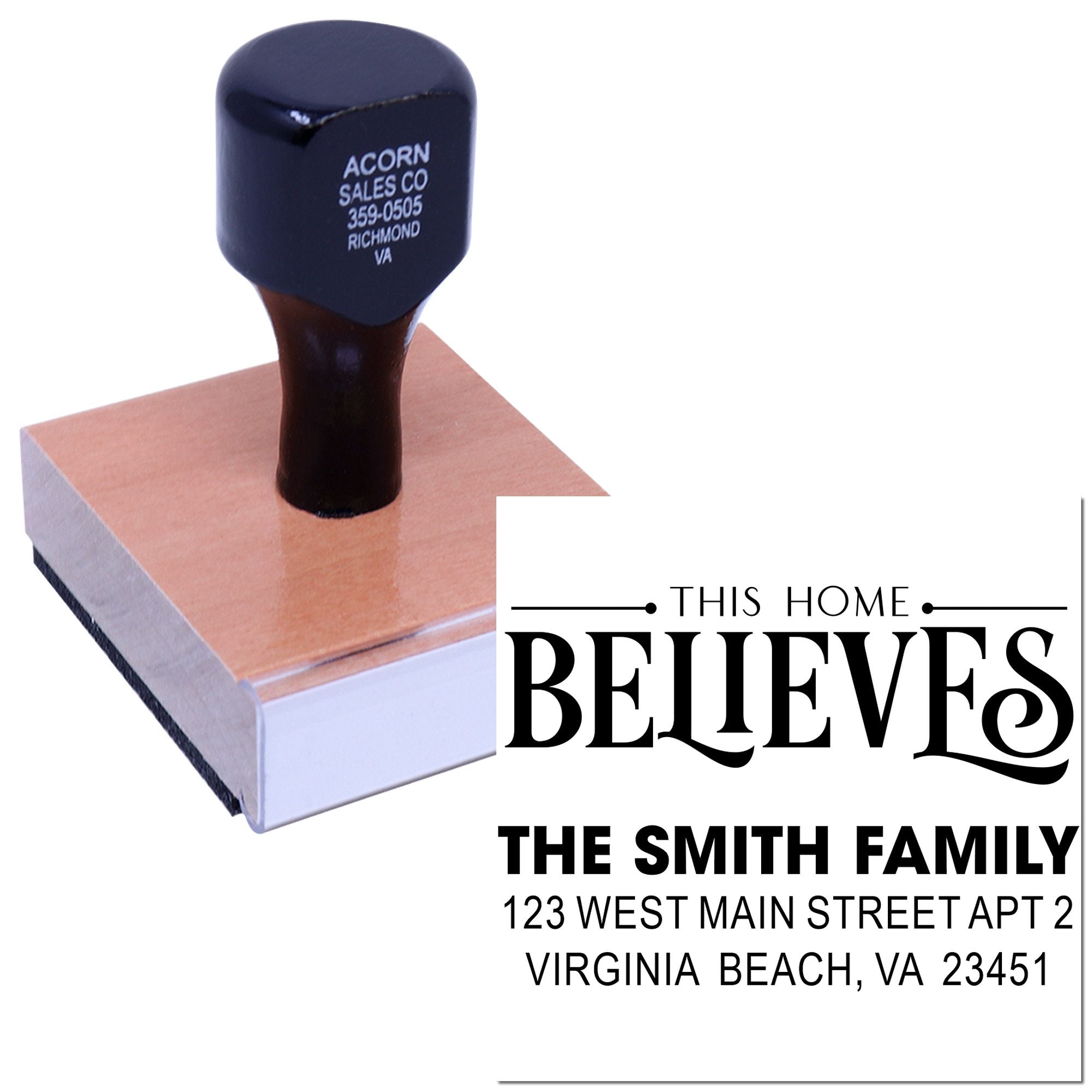 Custom rubber address stamp with This Home Believes design for The Smith Family, featuring a Virginia Beach address.