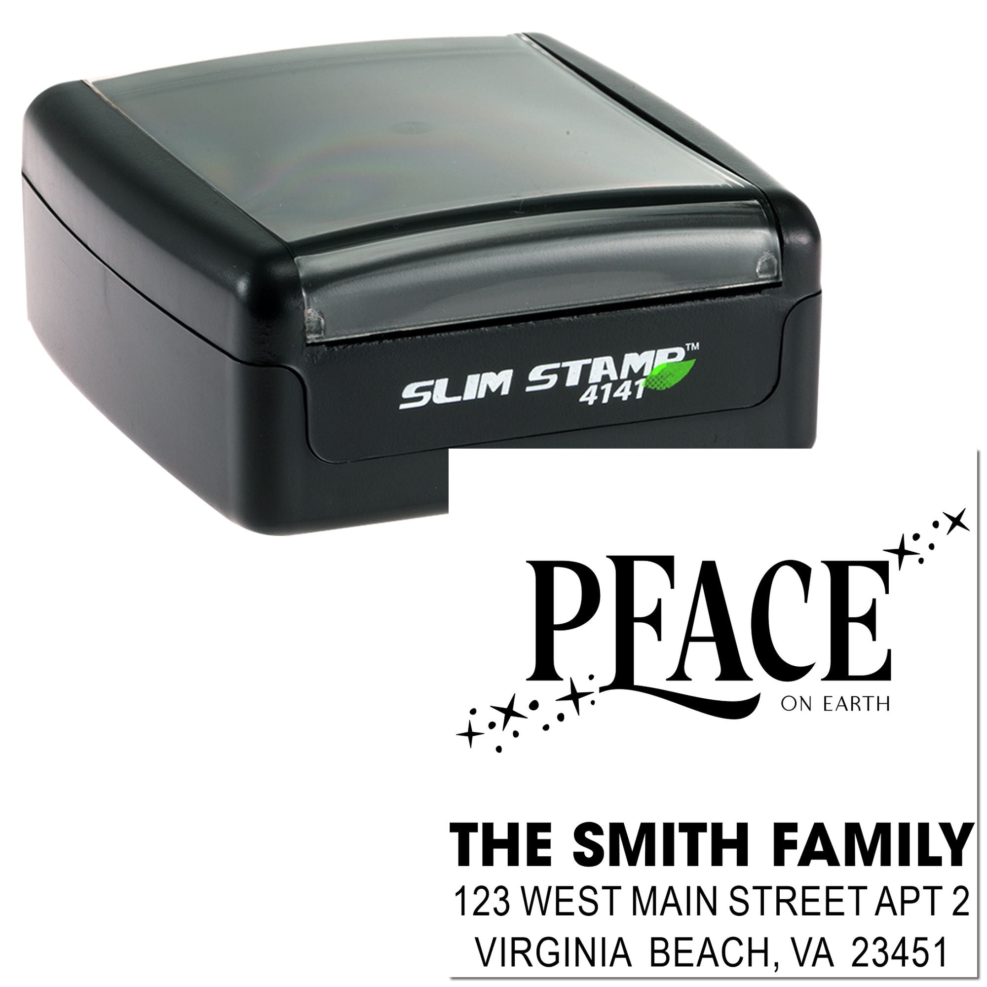 Self-inking rubber stamp with Peace on Earth design and custom family address imprint.