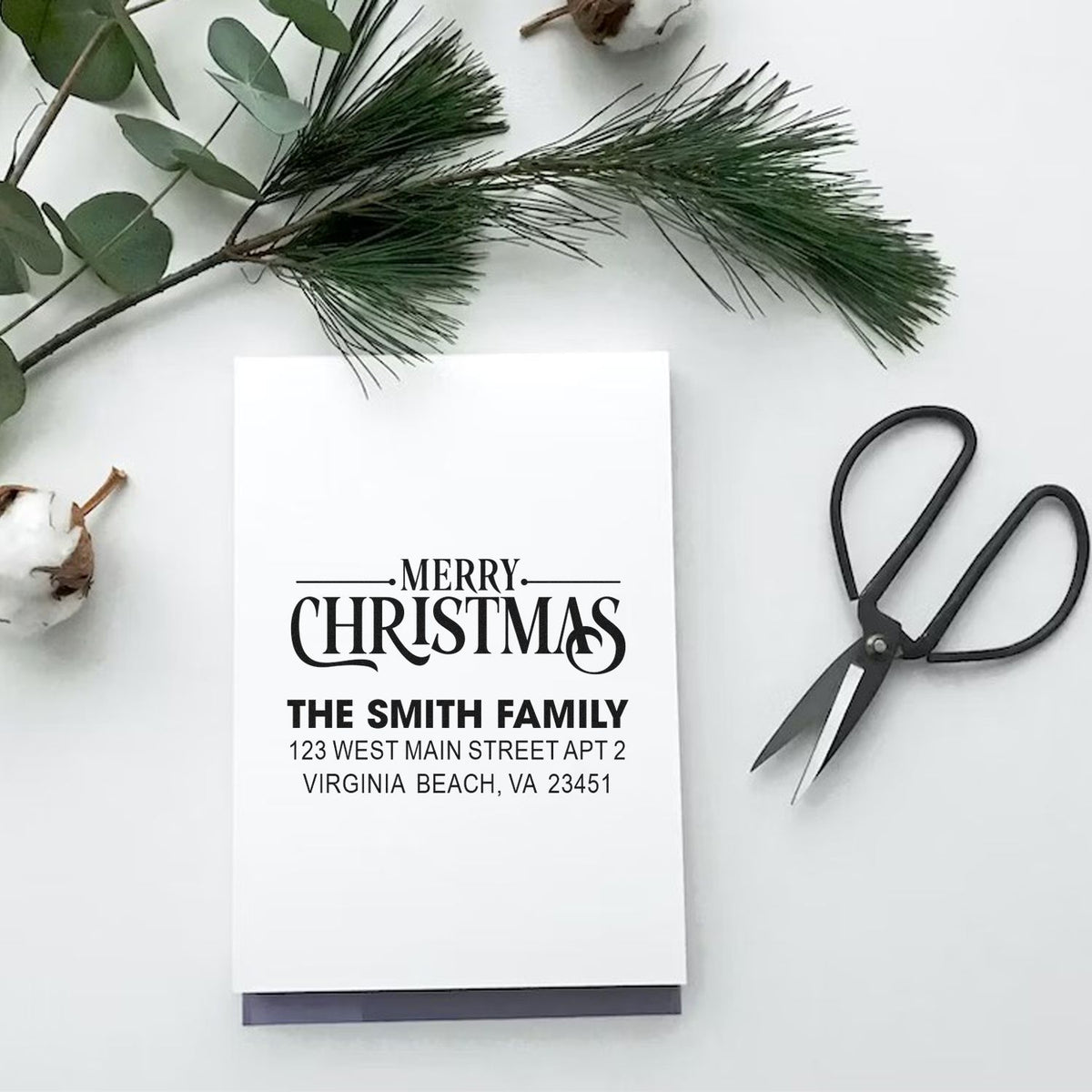 Custom Merry Christmas return address rubber stamp for holiday cards, featuring the Smith family name and address.