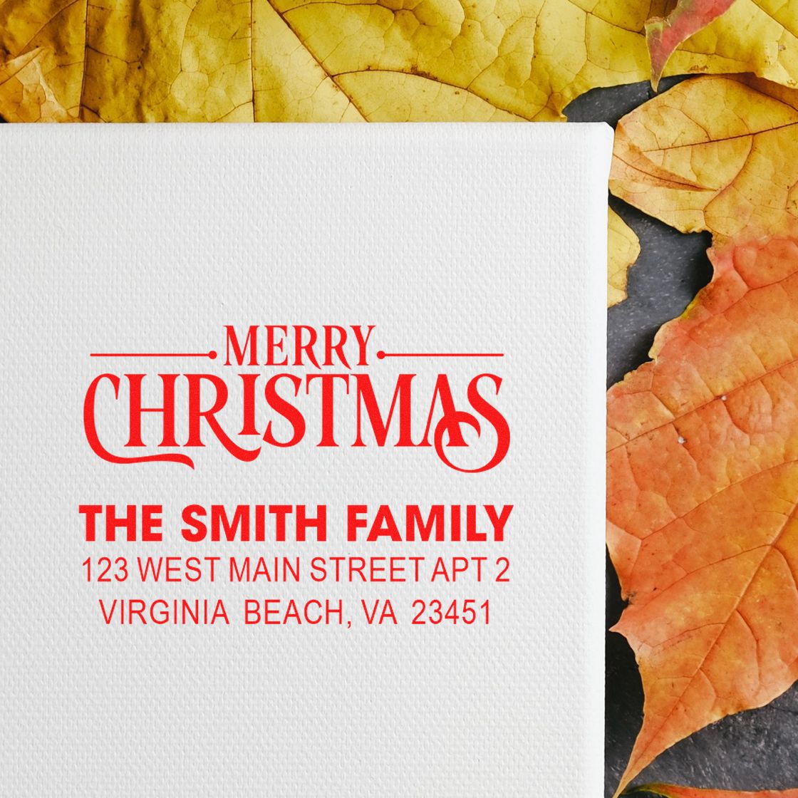 Custom Merry Christmas return address rubber stamp for The Smith Family holiday cards and invitations.