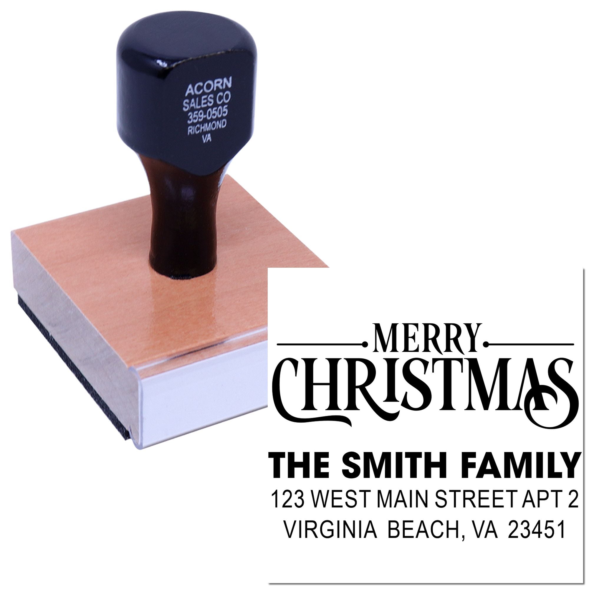Personalized Merry Christmas return address rubber stamp for The Smith Family in Virginia Beach, VA.