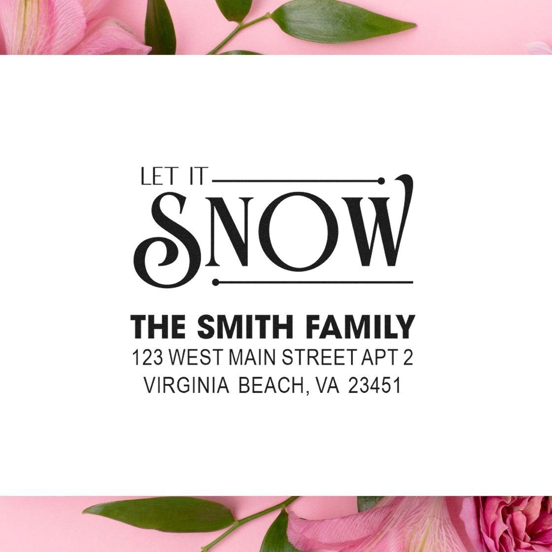 Let It Snow custom address rubber stamp for holiday cards, featuring The Smith Family and Virginia Beach, VA address.
