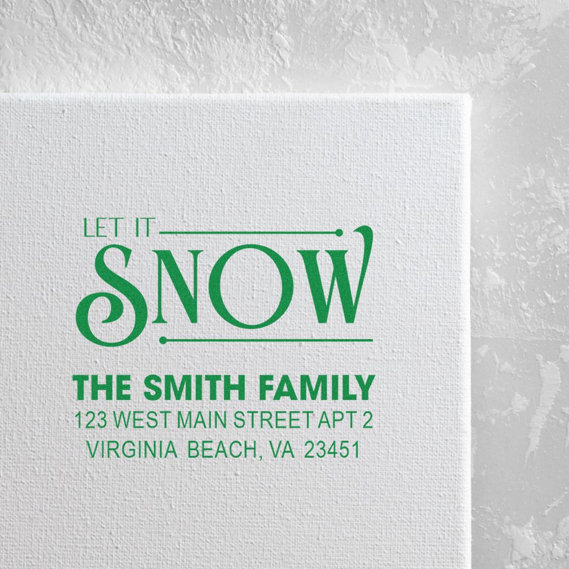 Custom holiday return address rubber stamp with Let It Snow design for The Smith Family, Virginia Beach, VA.