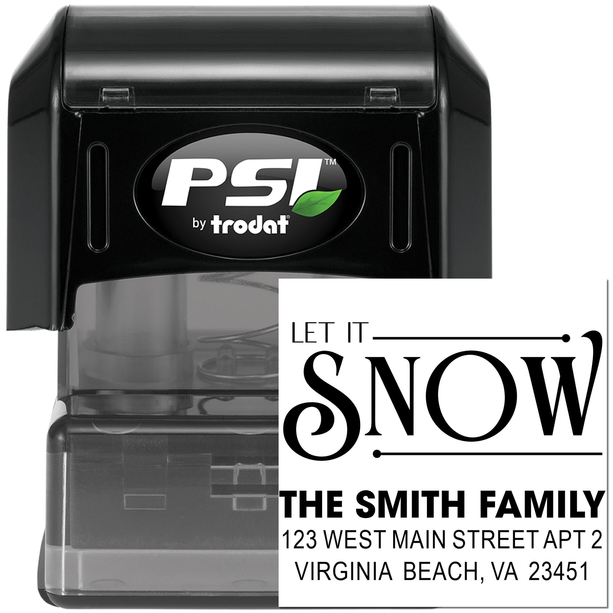 Custom self-inking return address rubber stamp by PSI Trodat with Let It Snow design for holiday mail.