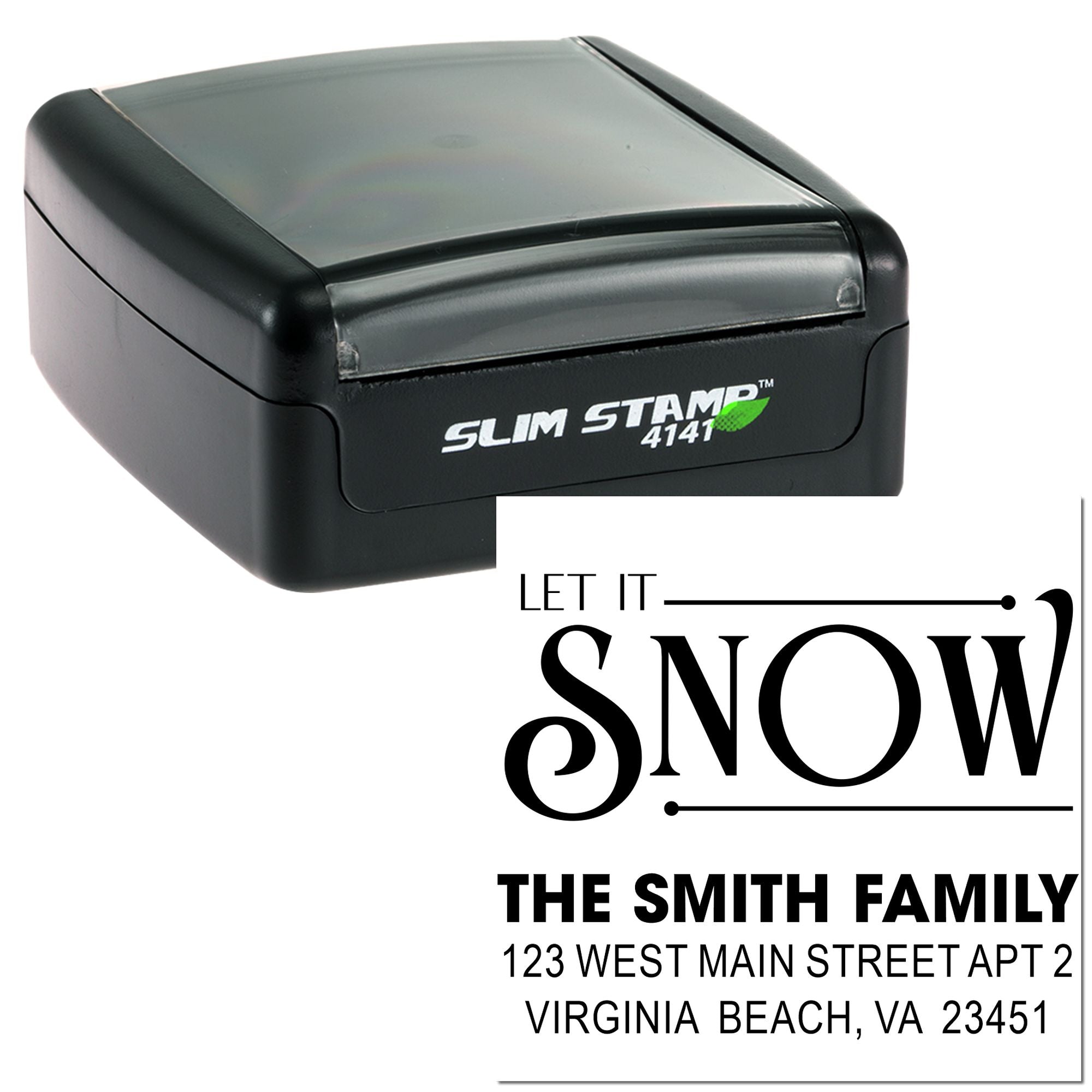 Custom Slim Stamp holiday return address rubber stamp with Let It Snow design for The Smith Family.