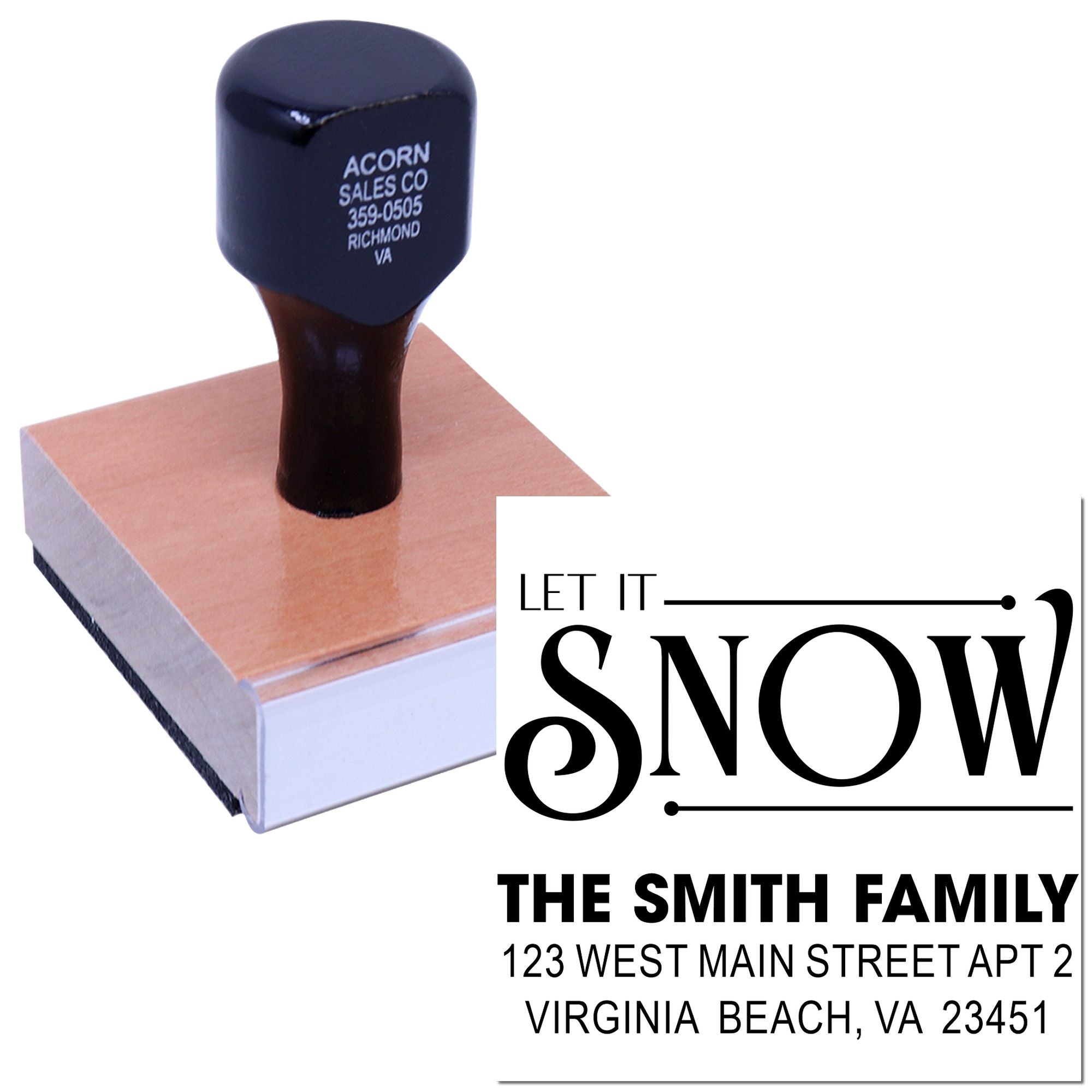 Custom family address rubber stamp with Let It Snow holiday design for winter envelopes and mailings.