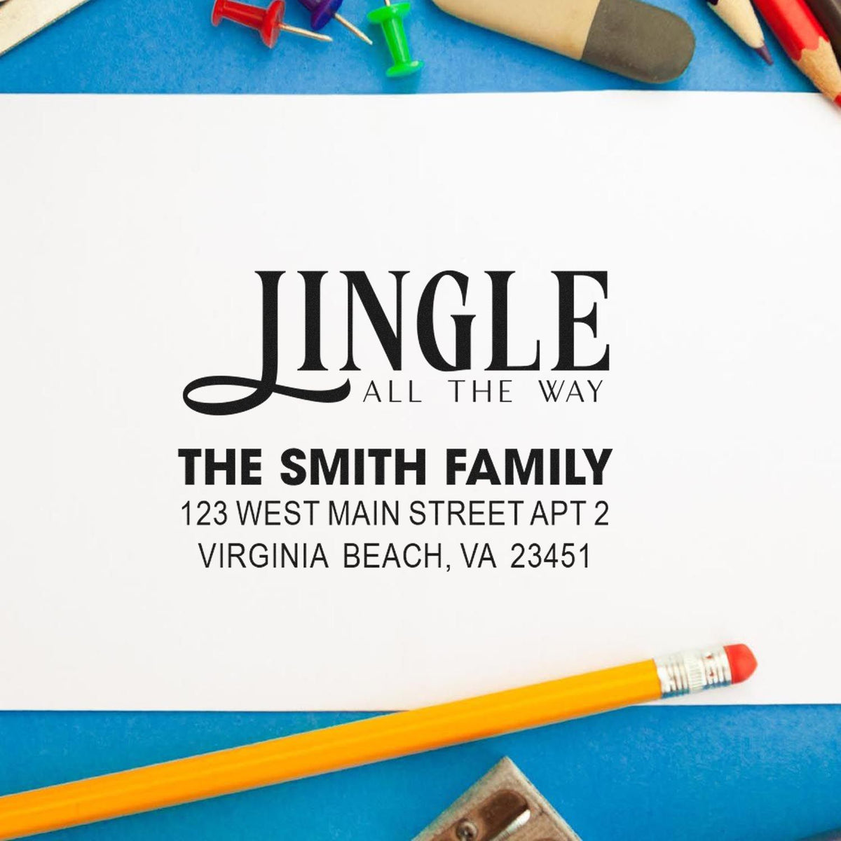 Custom address rubber stamp impression with Jingle All the Way design for The Smith Family, Virginia Beach, VA.