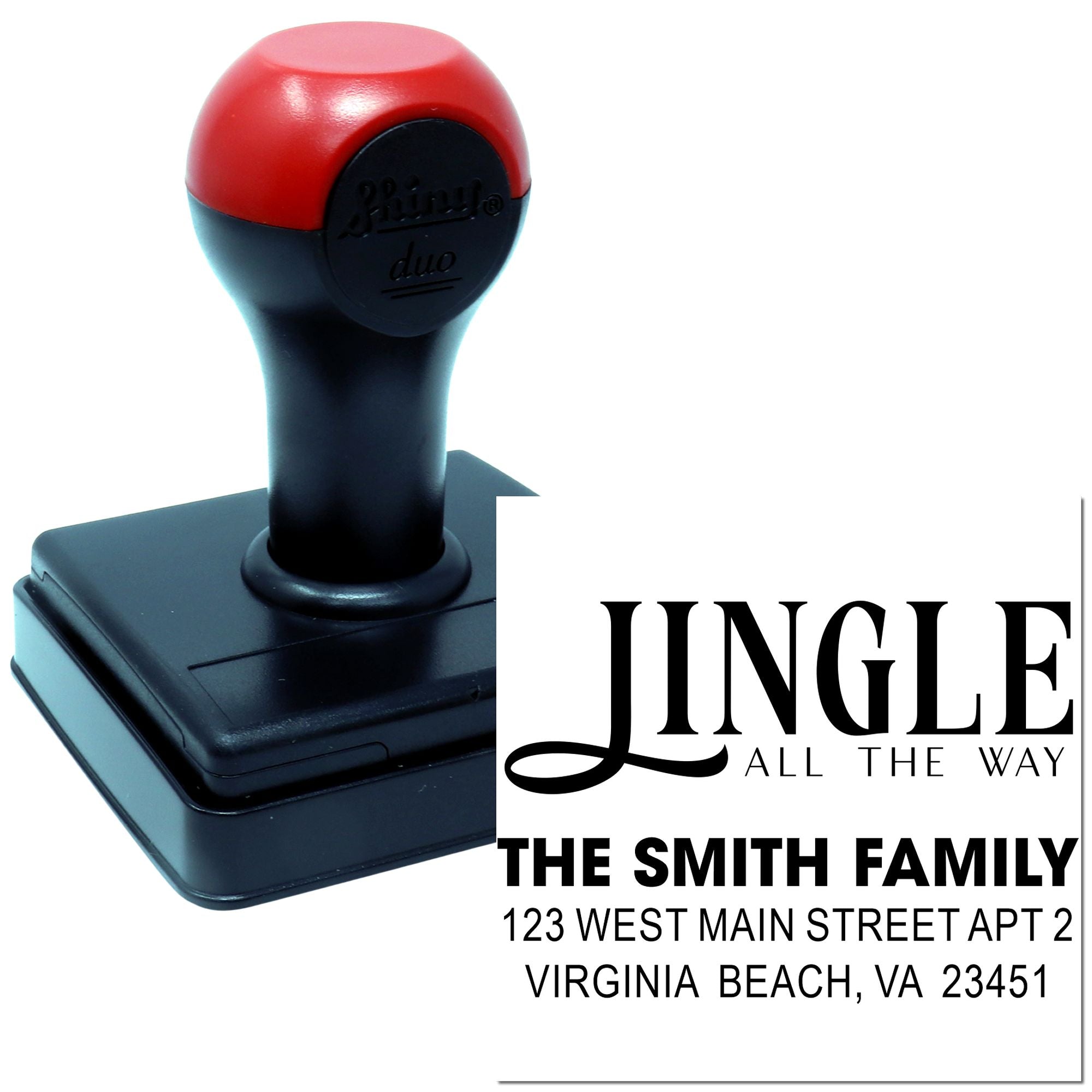 Custom self-inking family return address rubber stamp with Jingle All the Way holiday design for The Smith Family.