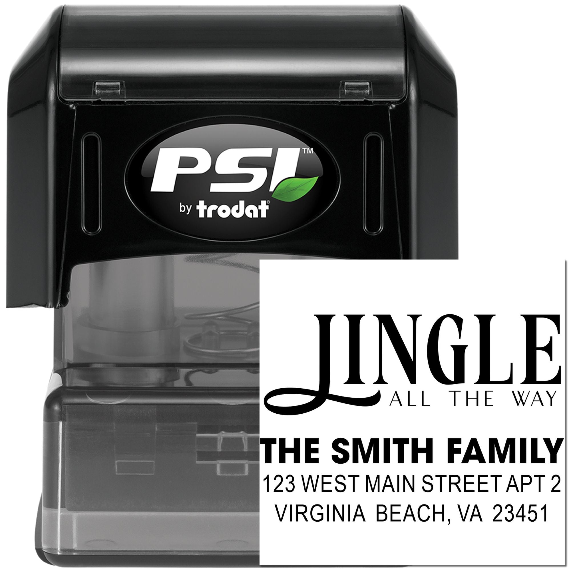 PSI by Trodat self-inking rubber stamp with custom return address design for holiday mail and family envelopes.
