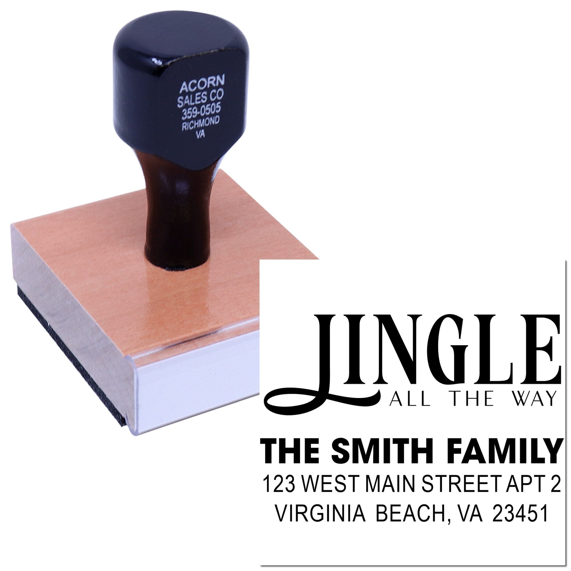 Personalized holiday address rubber stamp with Jingle All the Way design and Smith family mailing address.
