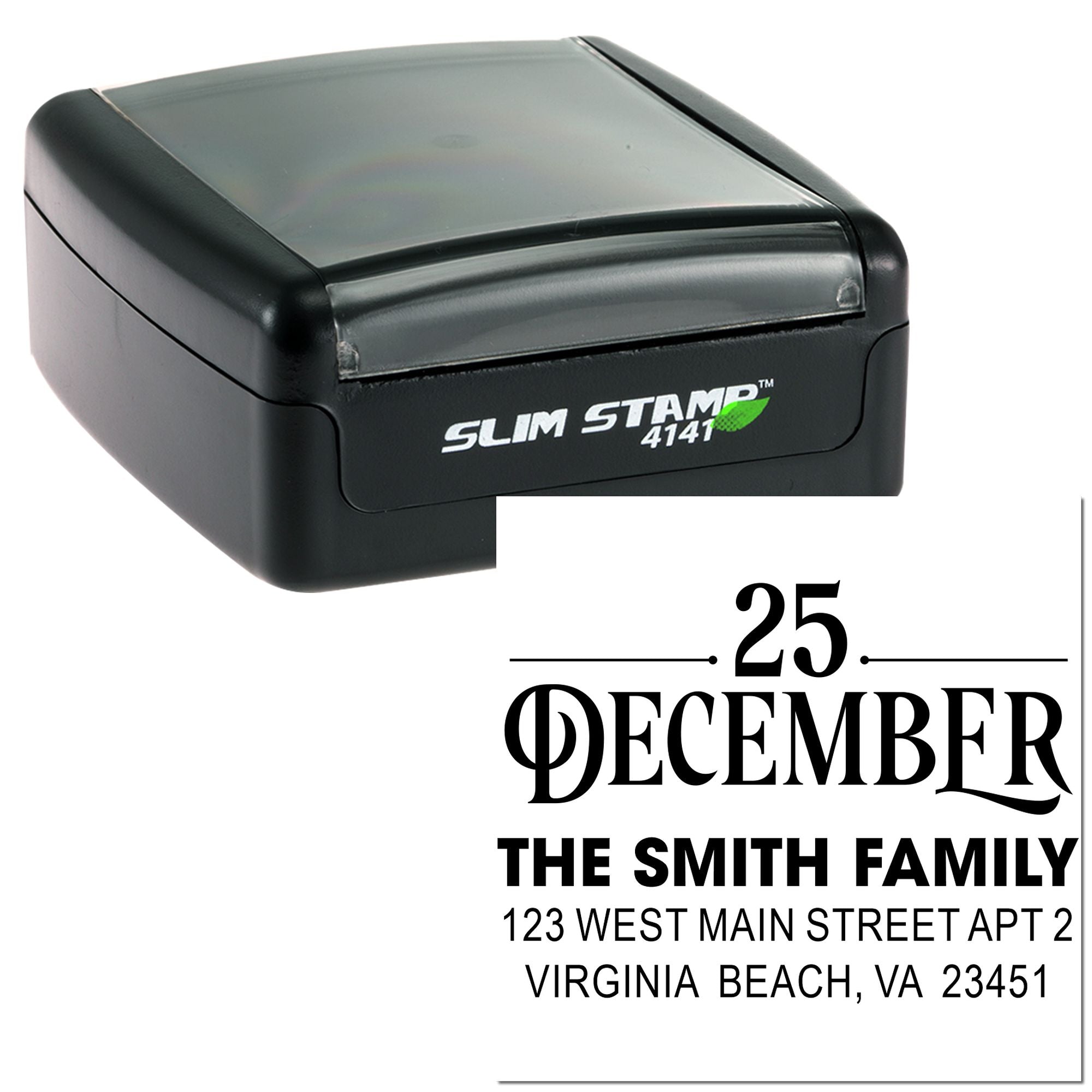 Custom self-inking Slim Stamp 4141 rubber stamp for Christmas cards, featuring The Smith Family return address in Virginia Beach.