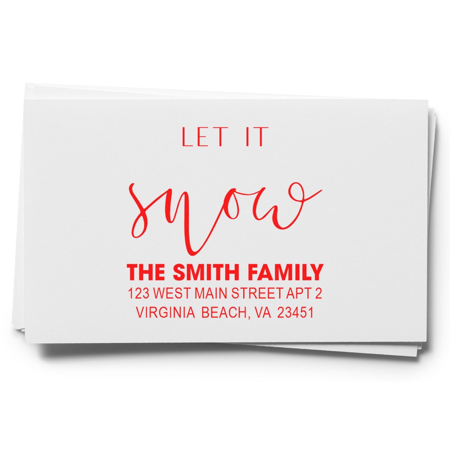 Custom holiday return address rubber stamp for envelopes, featuring Let it snow and The Smith Family address.